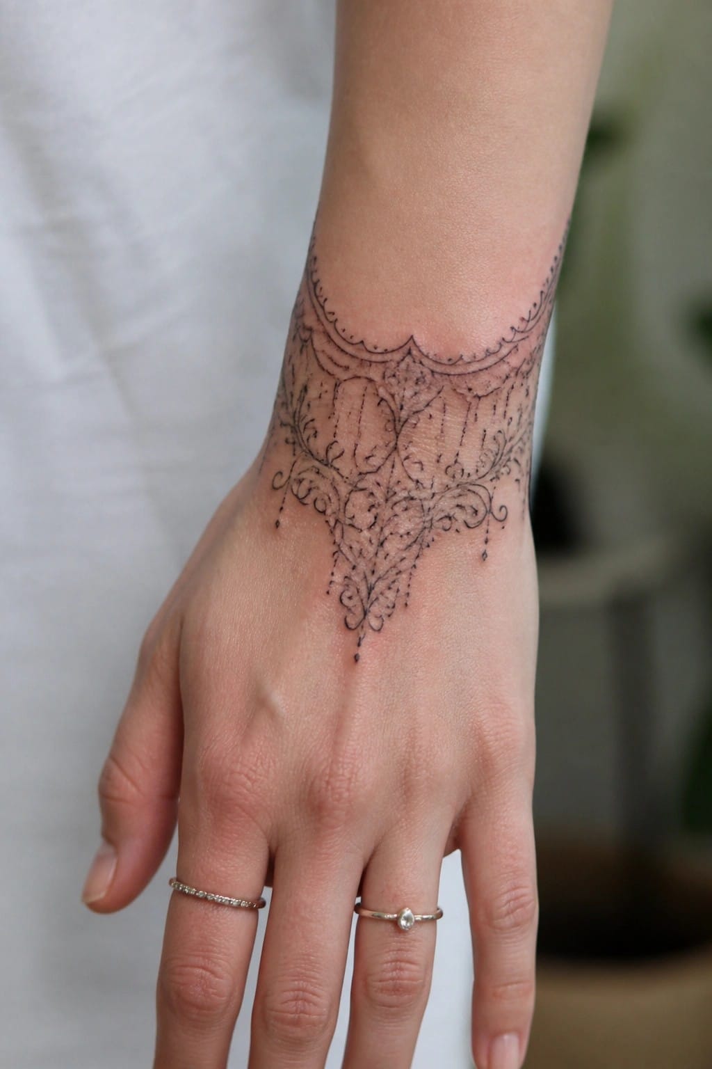 Intricate black lace-like tattoo on hand with two delicate rings.