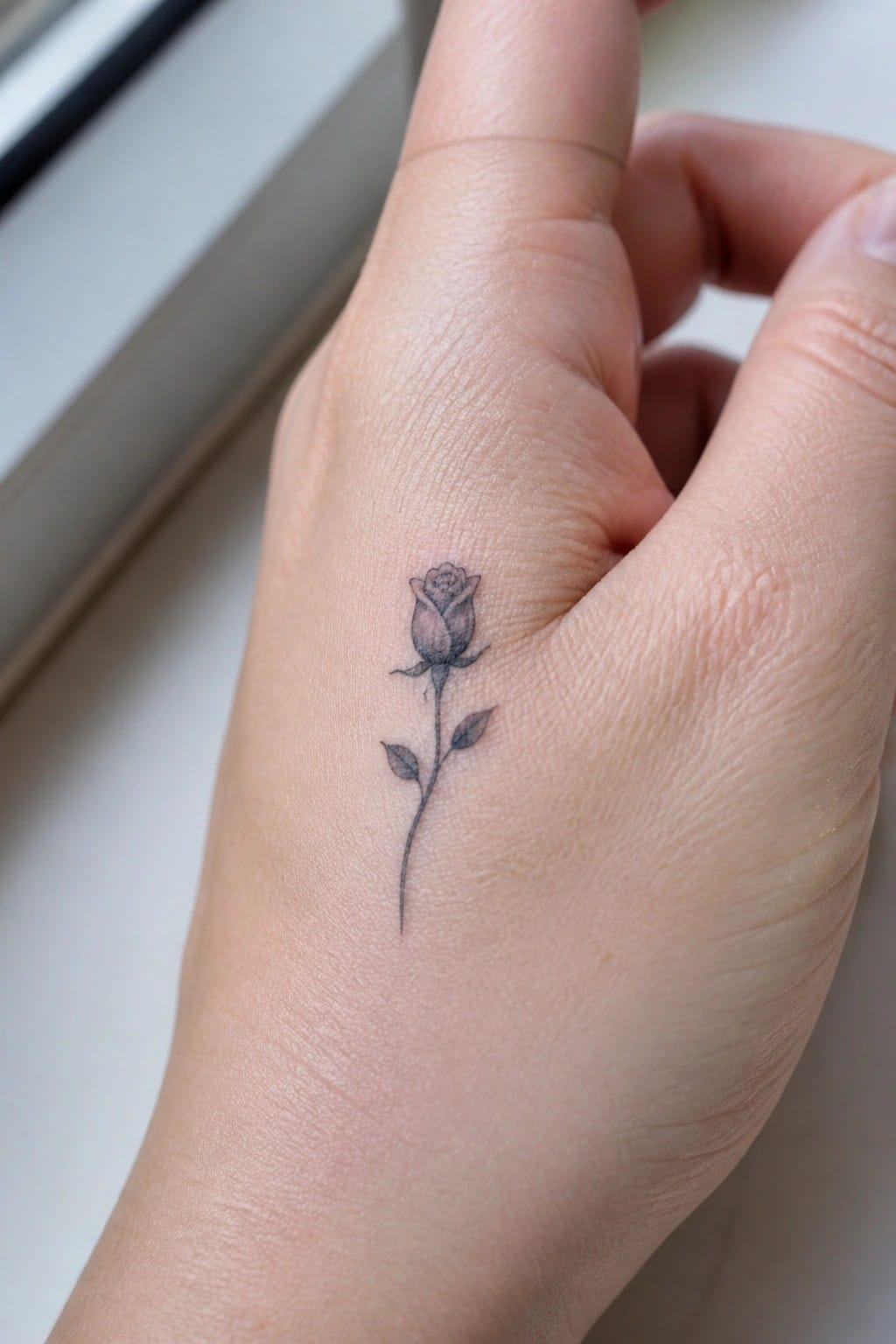 Small shaded rose tattoo with stem and leaves on light-skinned hand.