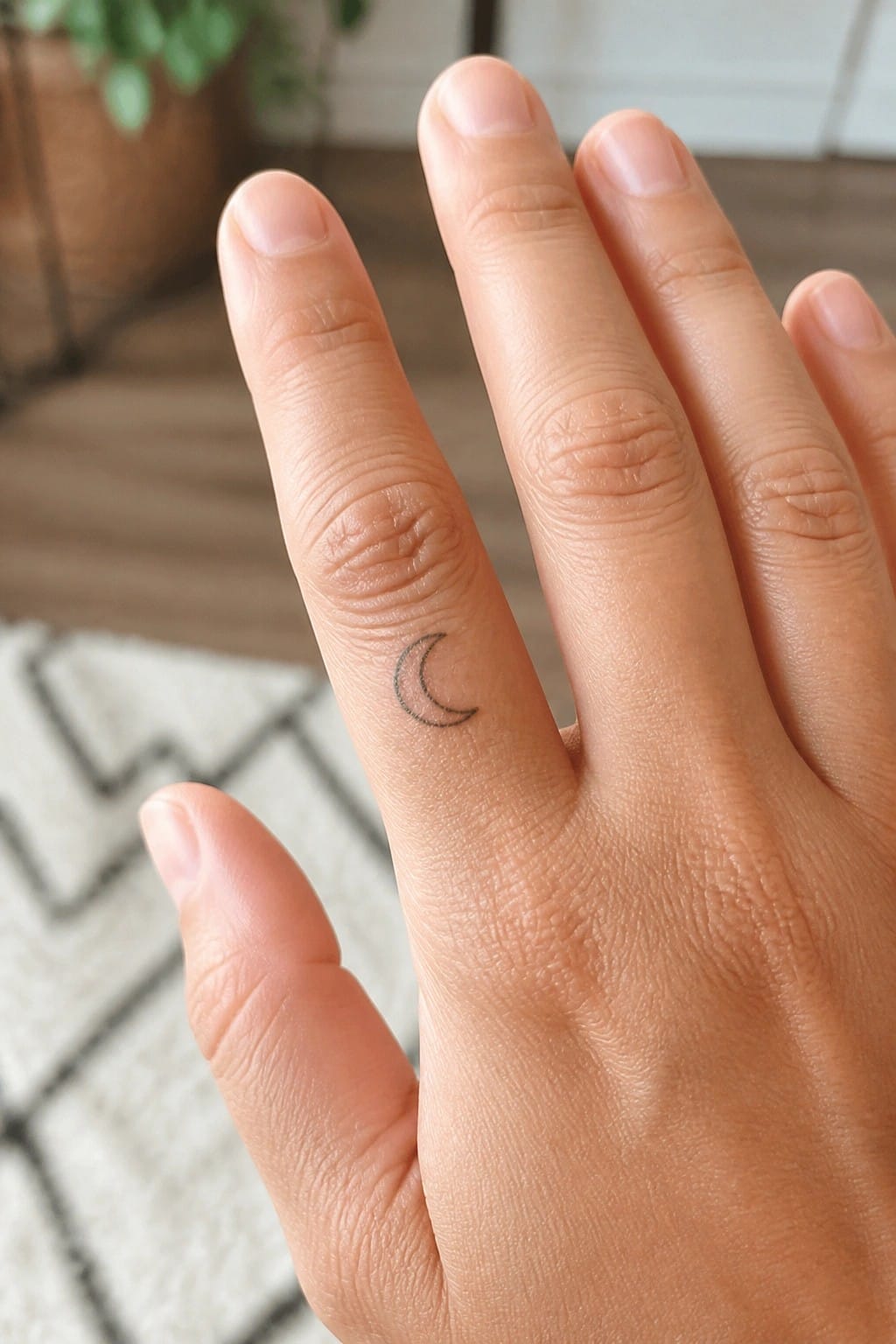 Hand with small black crescent moon tattoo on ring finger