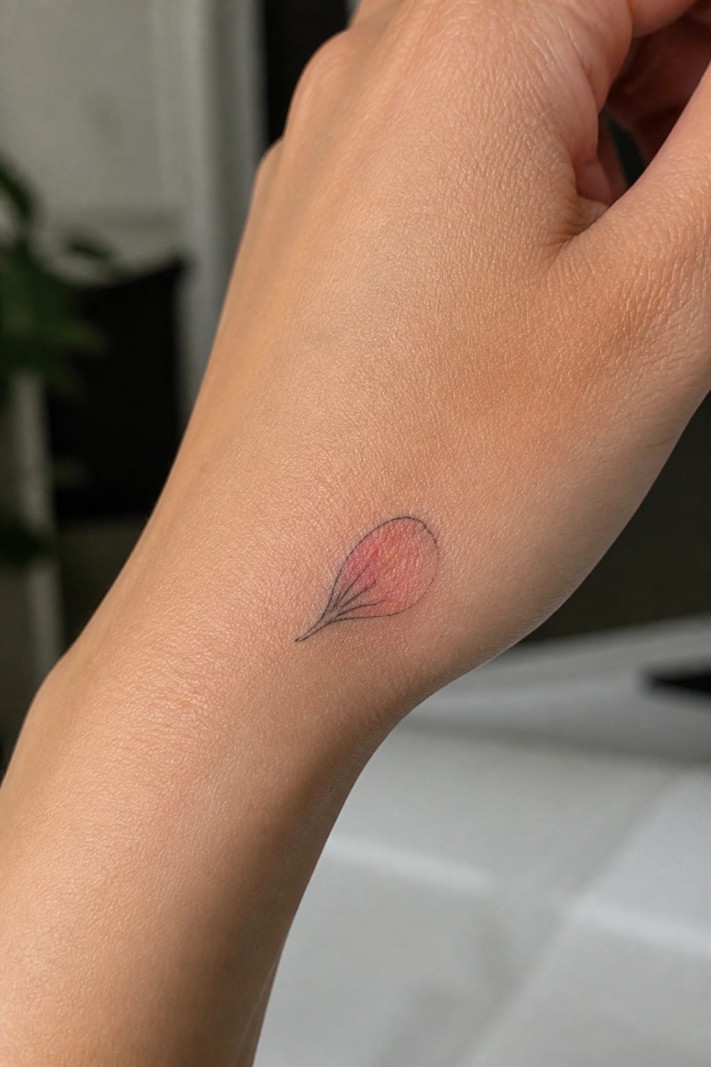 Small pink-and-red teardrop tattoo on the inside of a wrist