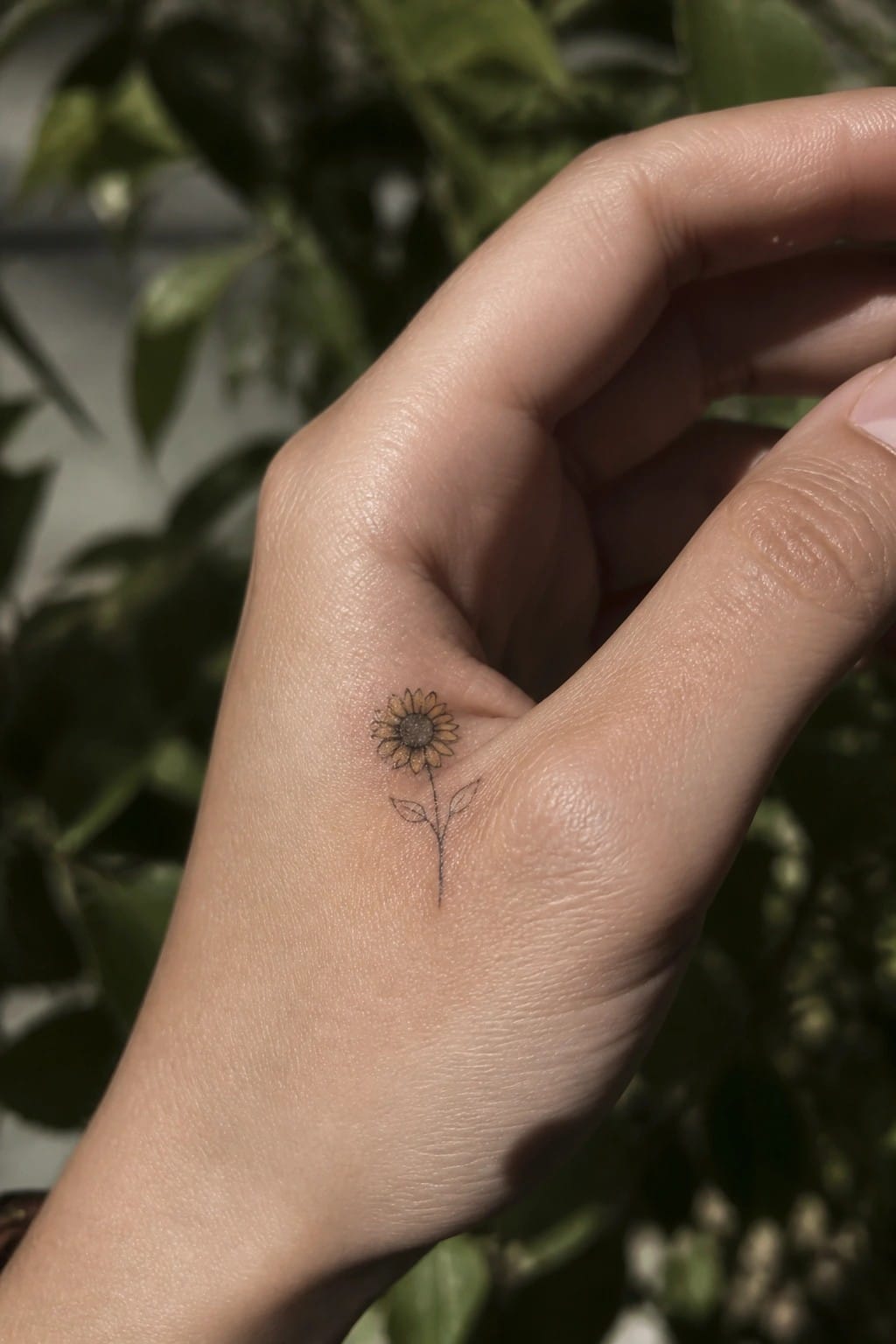 Small sunflower tattoo with stem and leaves on light-skinned hand in sunlight