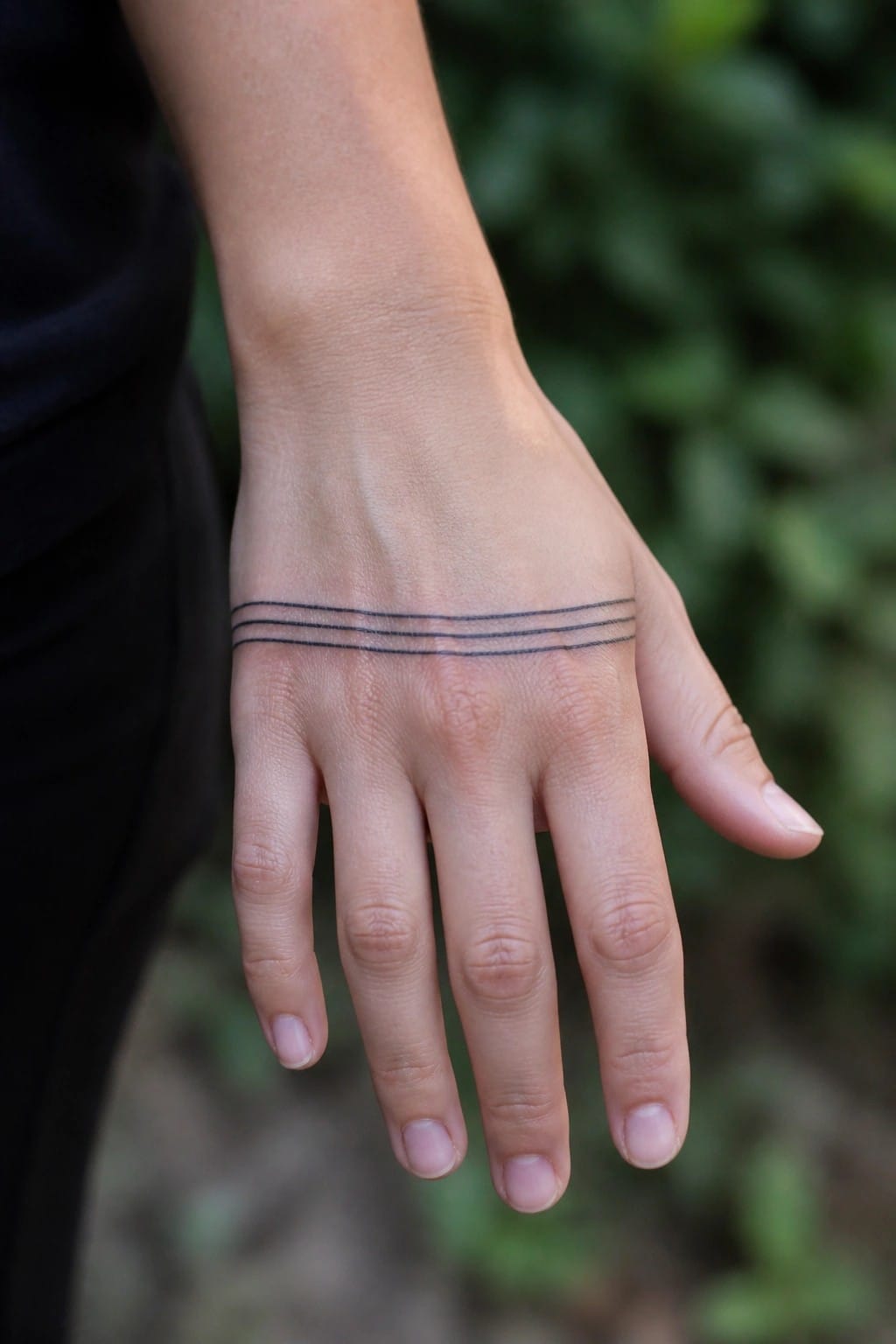 Fair-skinned hand with three parallel black line tattoos across the wrist