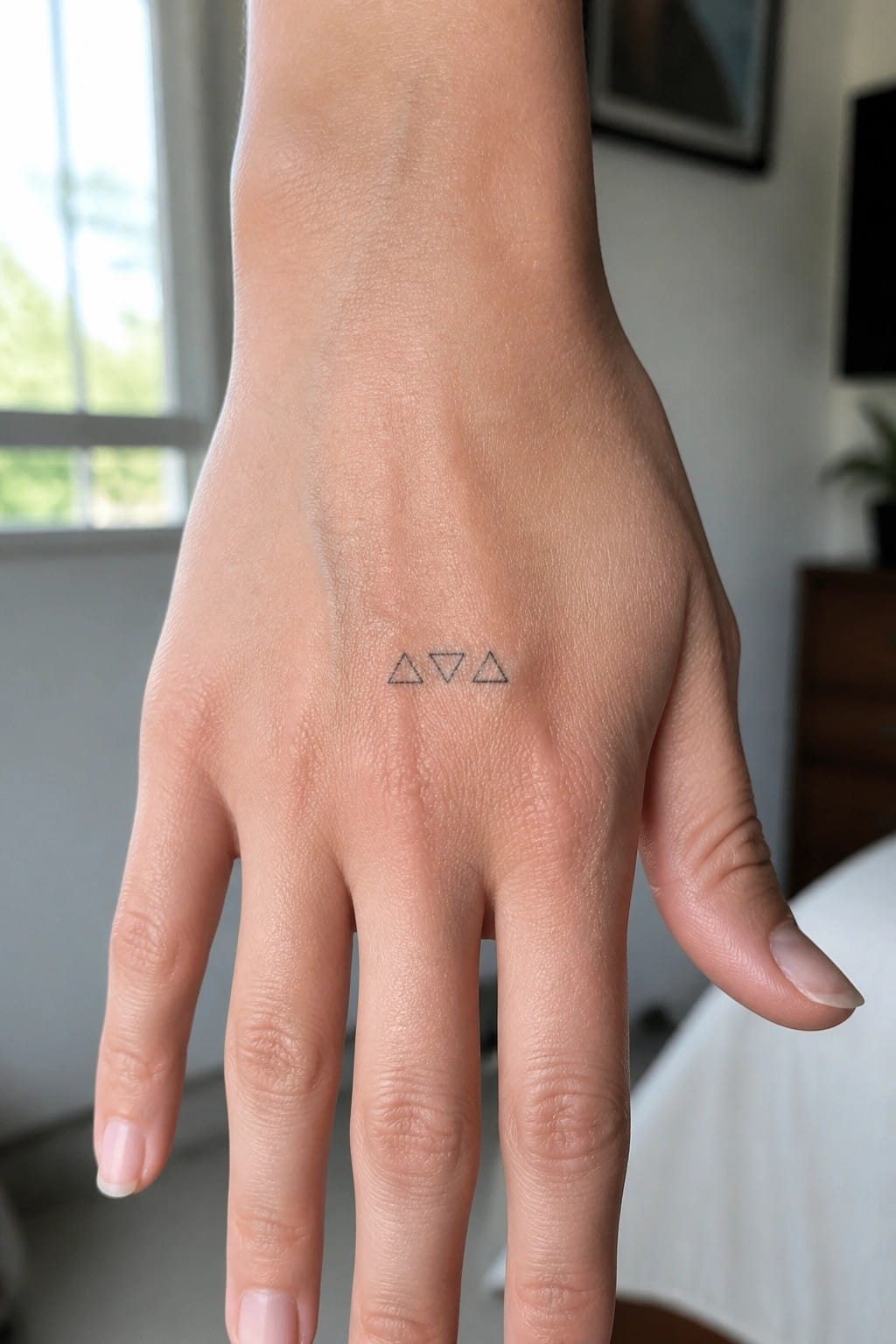 Hand with three small black triangular tattoos on the back near the fingers.