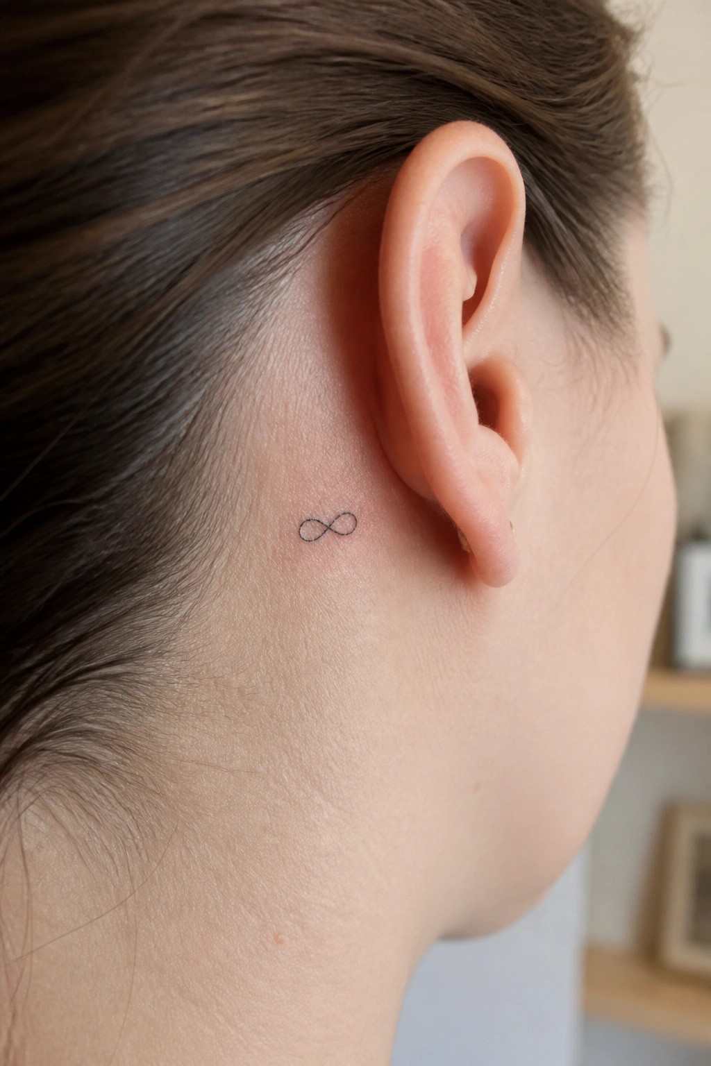 Small infinity tattoo behind ear of person with brown hair