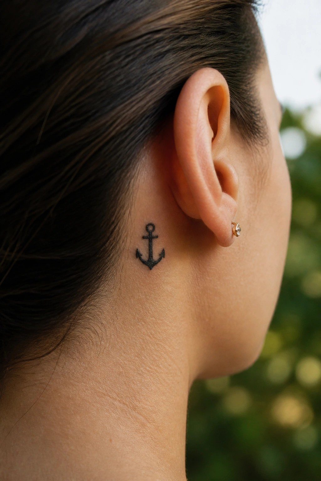 Black anchor tattoo behind ear beside small diamond stud earring.