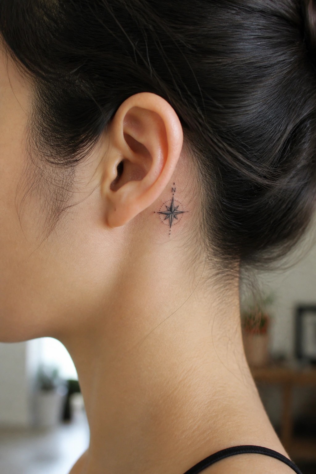 Small black compass rose tattoo with north marker placed behind a woman's ear