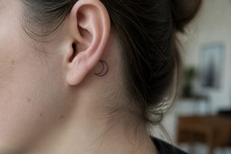 25 Lovely Behind Ear Tattoos for Women That Blend Beauty and Simplicity Close-up of an ear with crescent moon tattoo and small gold stud earrings.