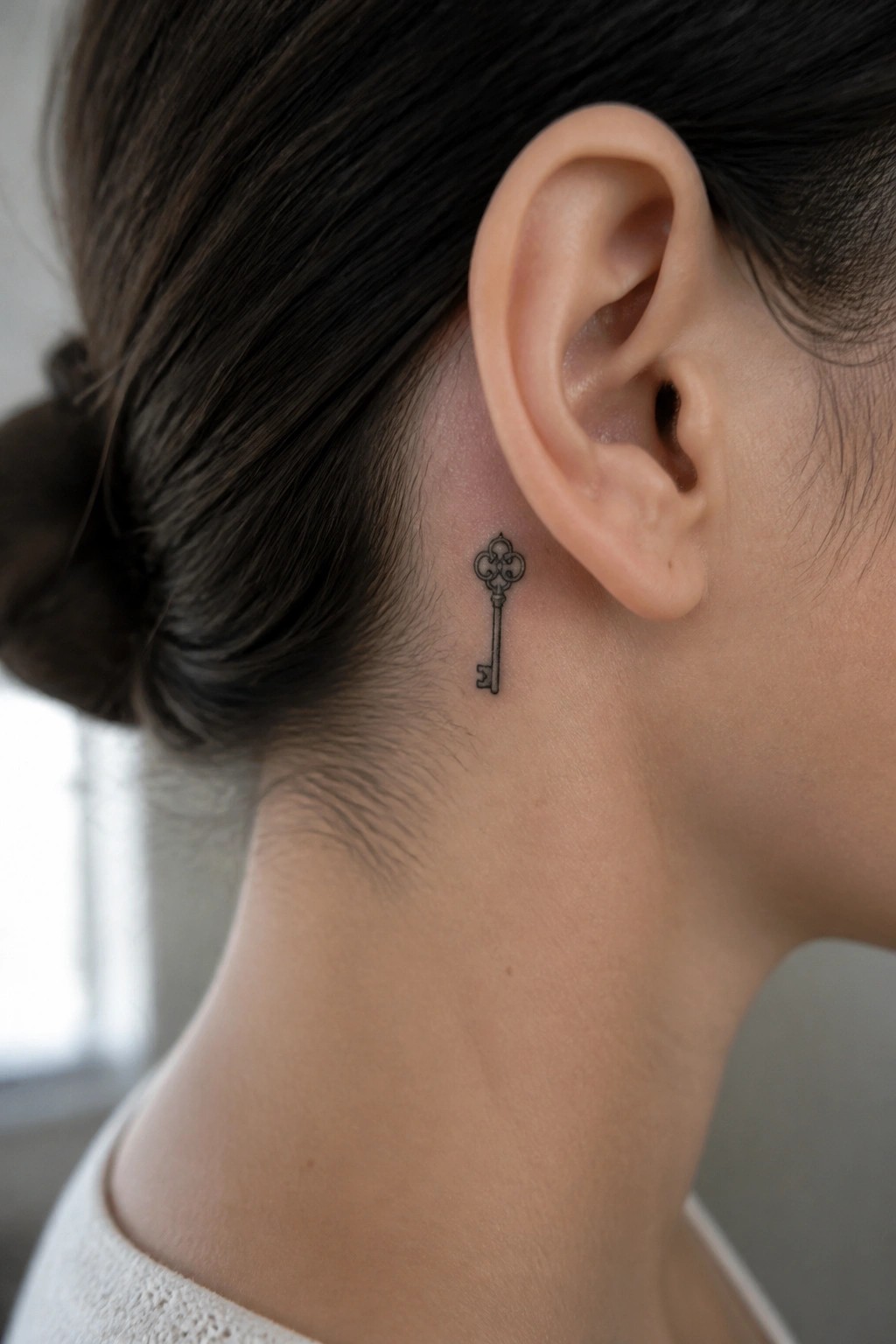 Small ornate key tattoo behind ear on neck with dark hair in bun.