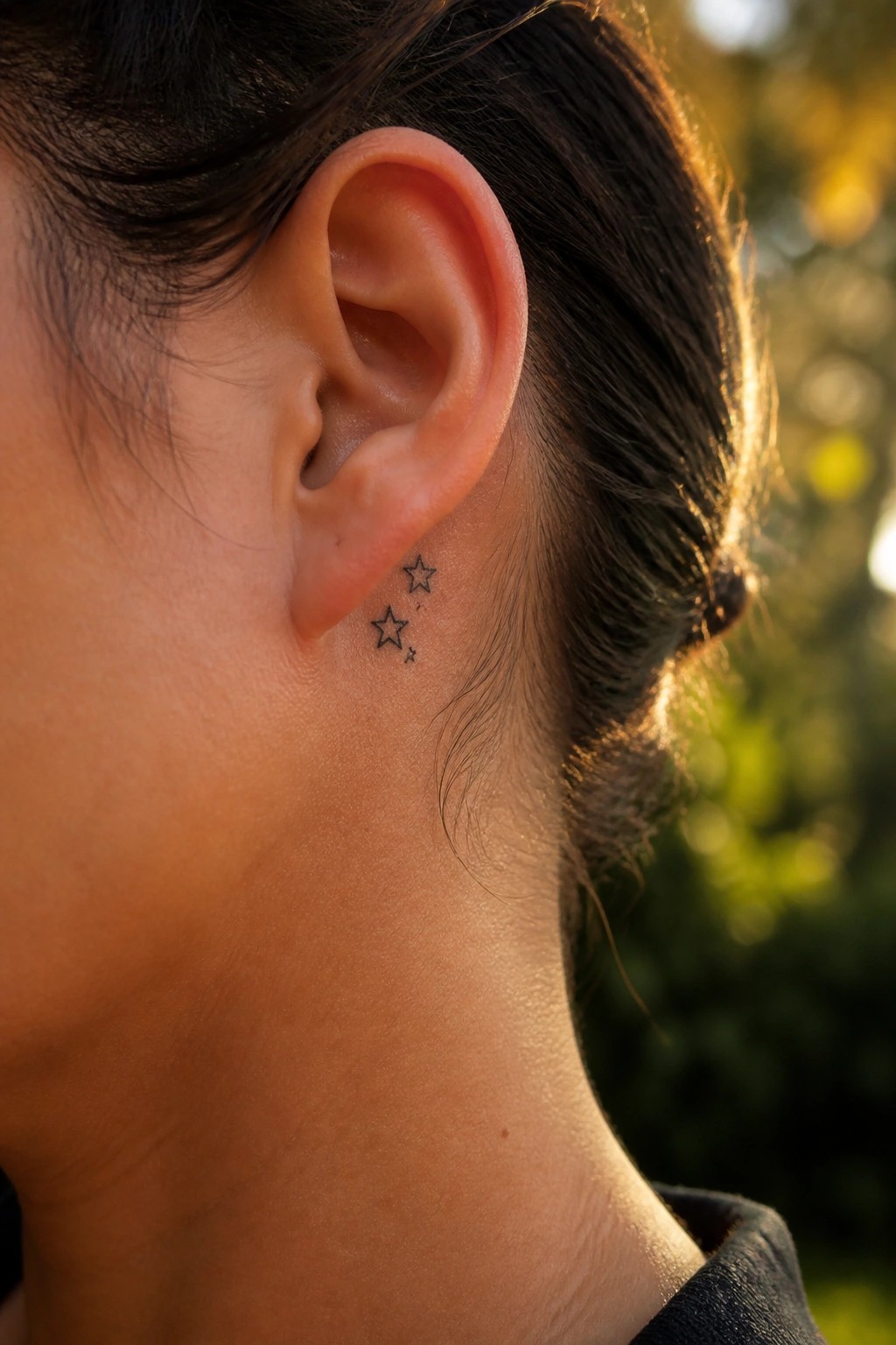 Small black star tattoos behind an ear in warm golden sunlight
