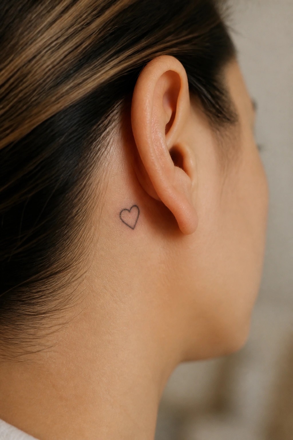 Small heart tattoo behind ear of person with highlighted brown hair.