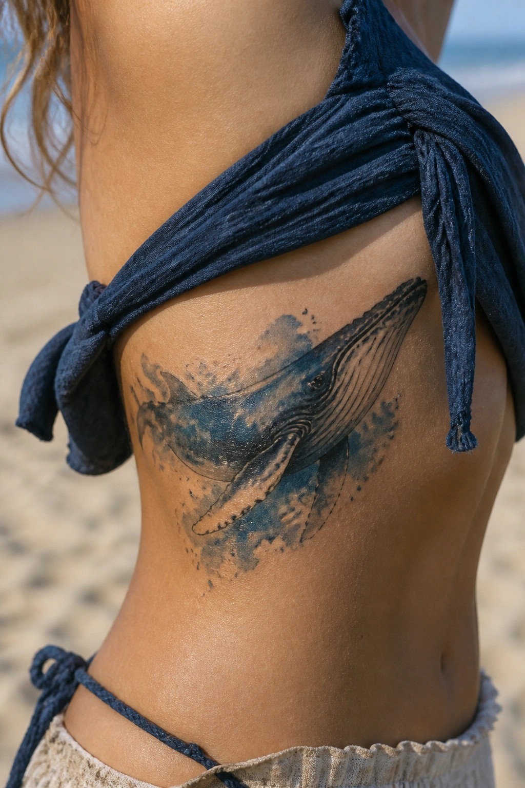 Watercolor humpback whale tattoo on the side of the torso with blue shading and splashes.