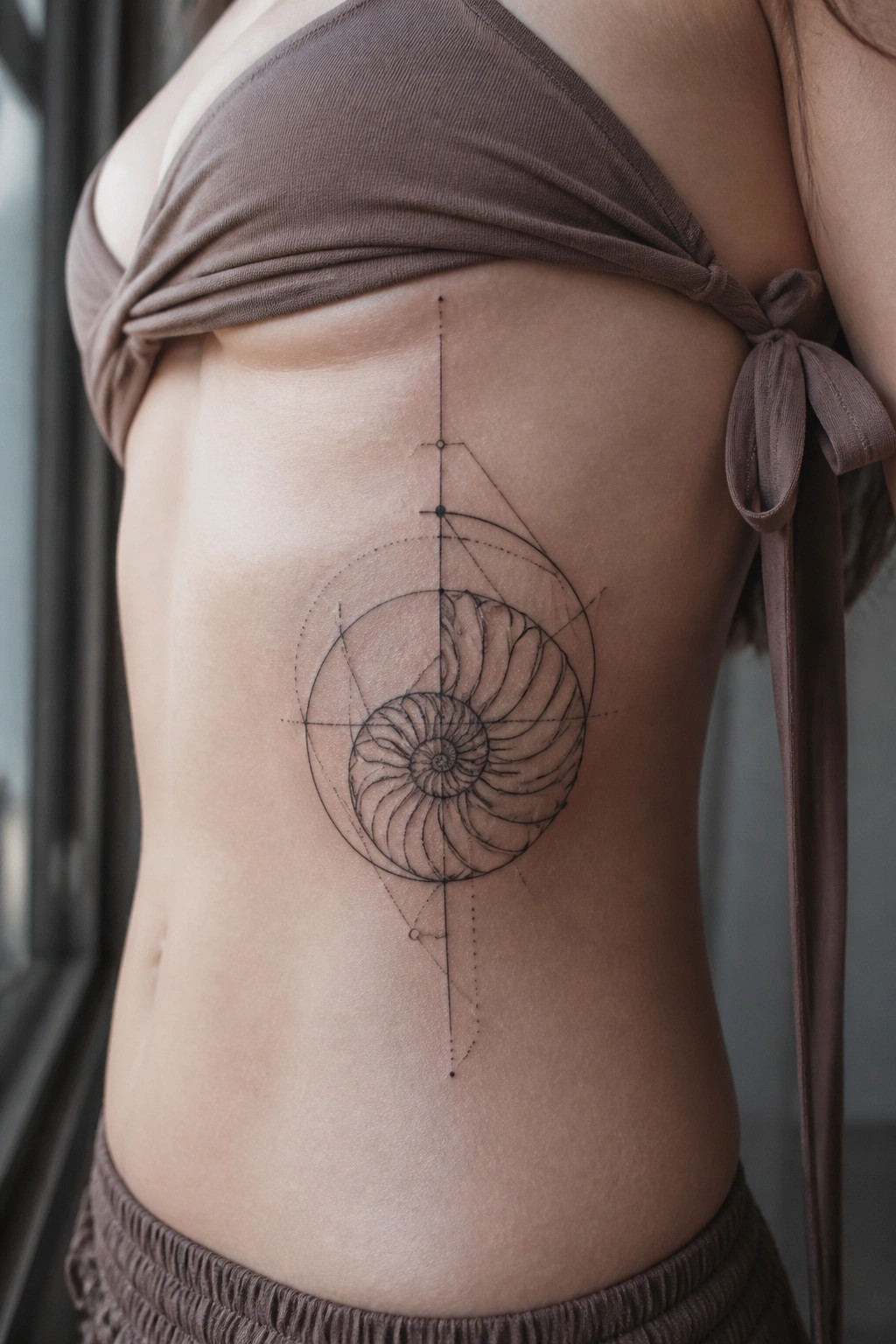 Geometric nautilus shell tattoo on ribcage beneath brown tied crop top.