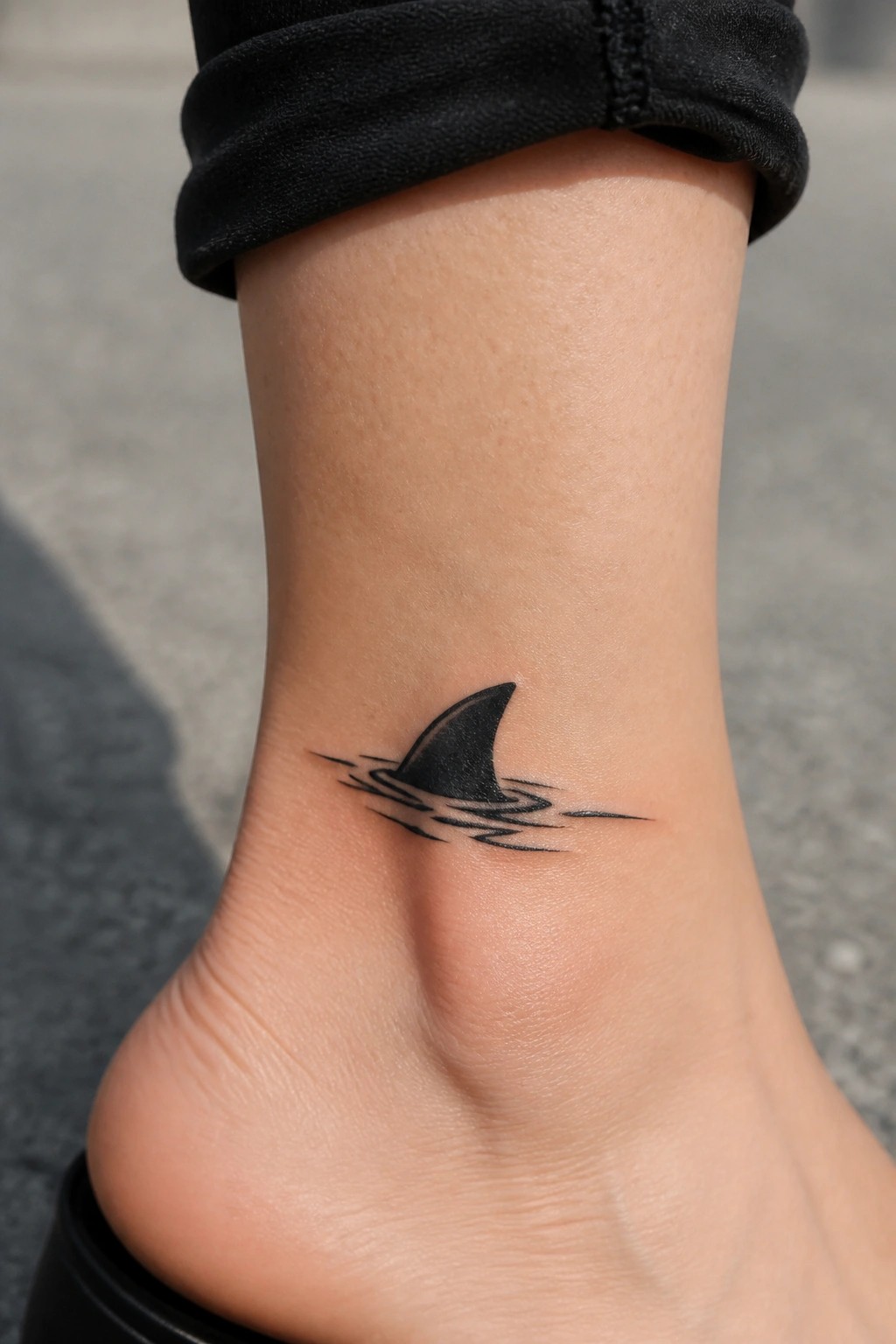 Black shark fin tattoo on ankle with wave lines under rolled black pants