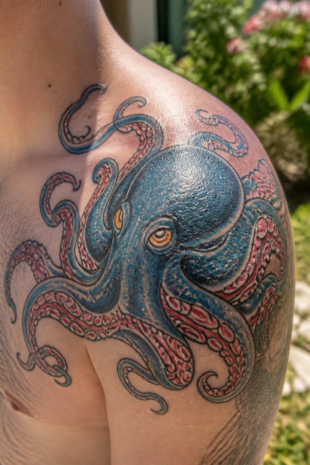 Large blue octopus tattoo with red tentacles on sunlit shoulder and chest