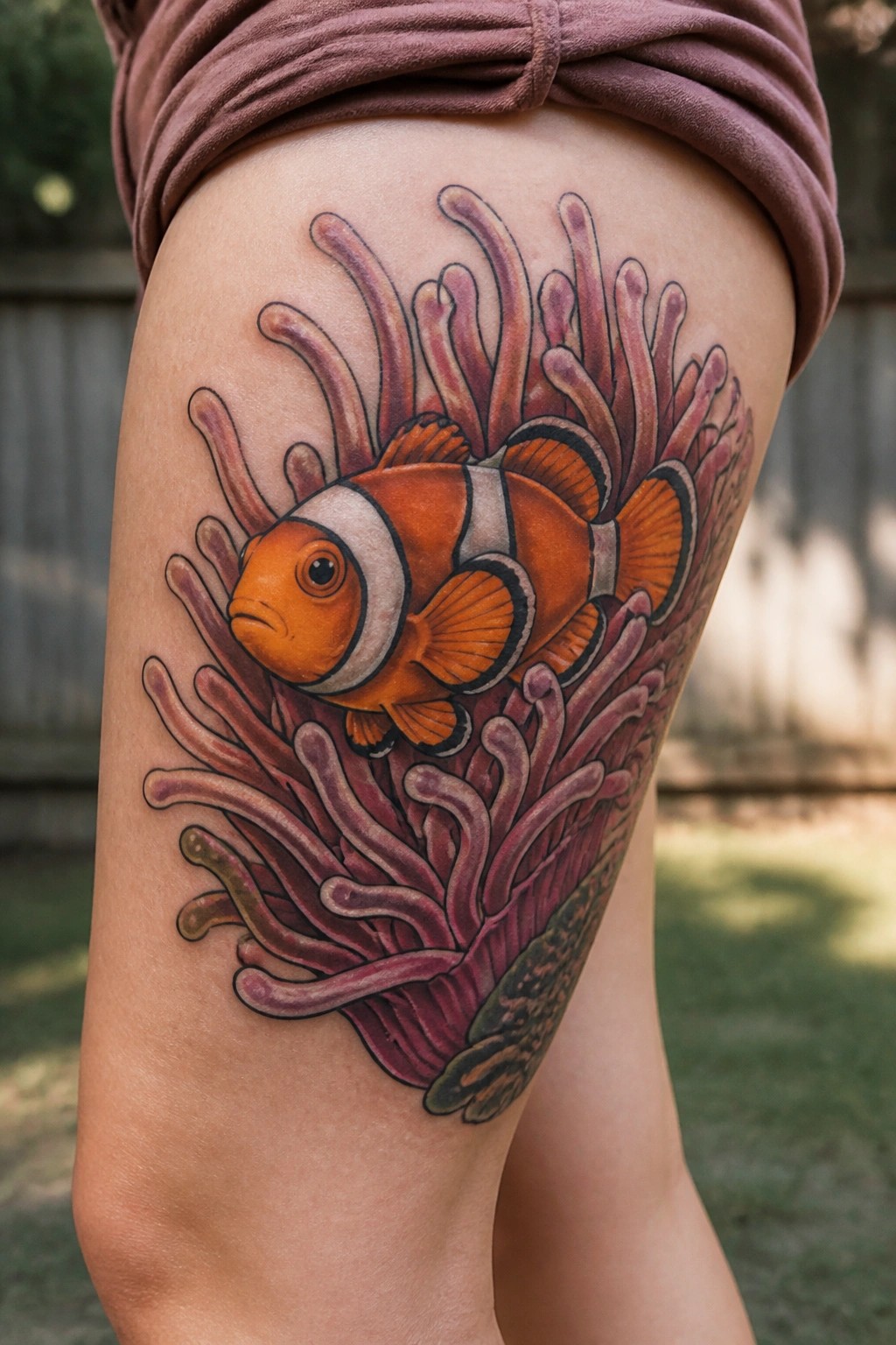 Orange clownfish tattoo amid purple anemones on thigh beneath mauve fabric
