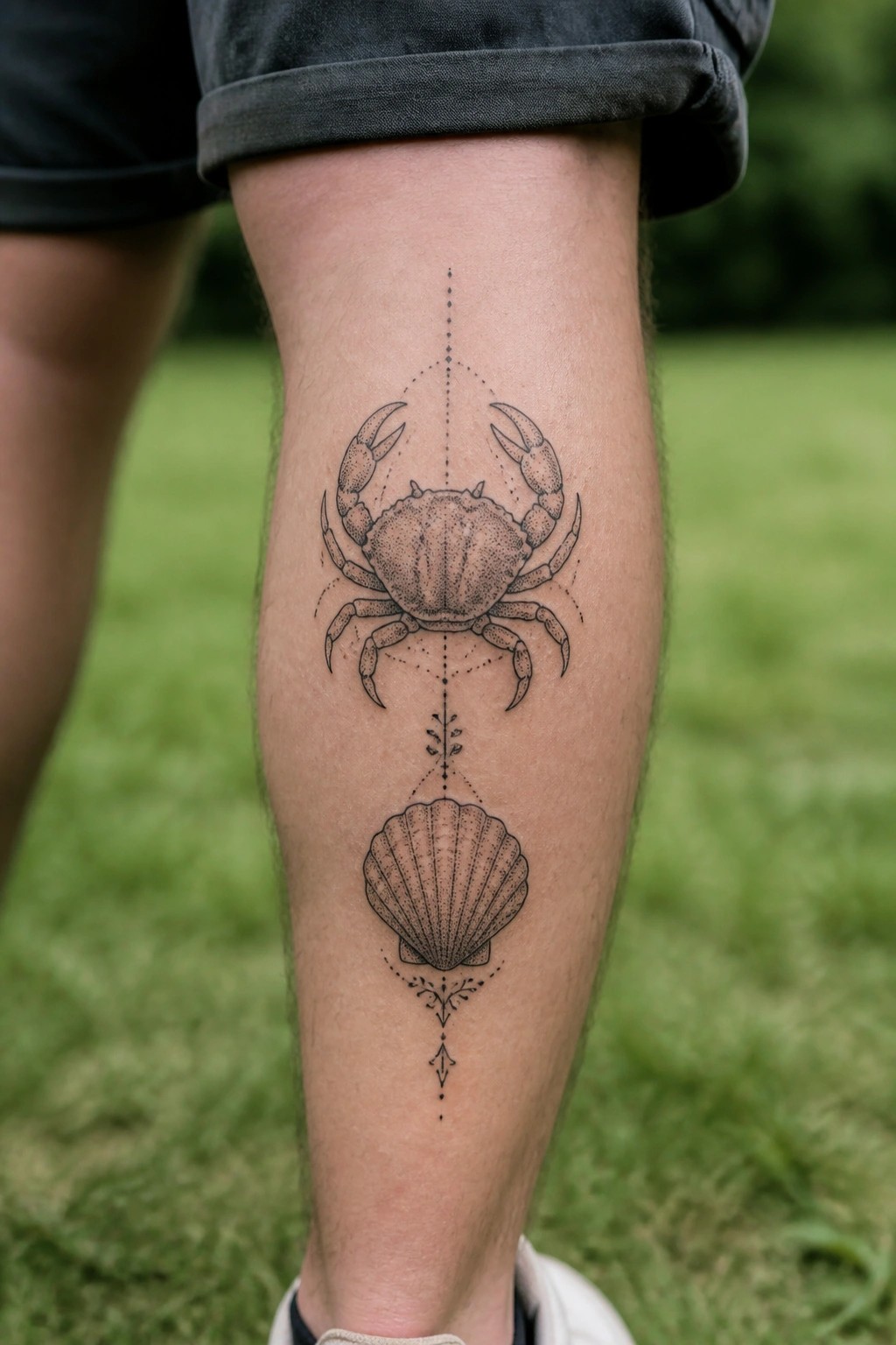 Crab and scallop shell tattoo on calf with dotted lines, rolled dark shorts, grass background