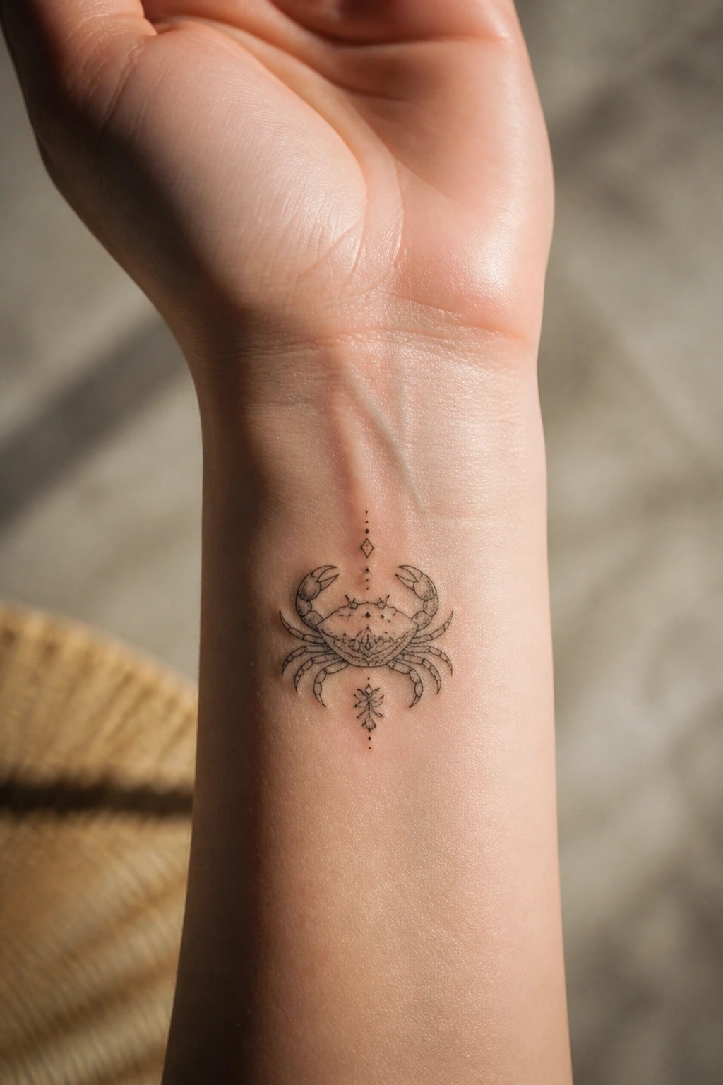 Small detailed crab tattoo on fair-skinned wrist with blurred woven background
