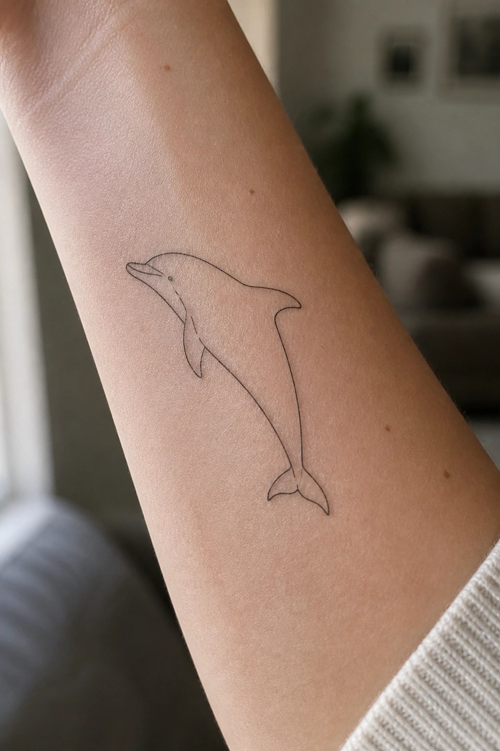 Minimalist black line dolphin tattoo on light-skinned forearm with white knit sleeve.