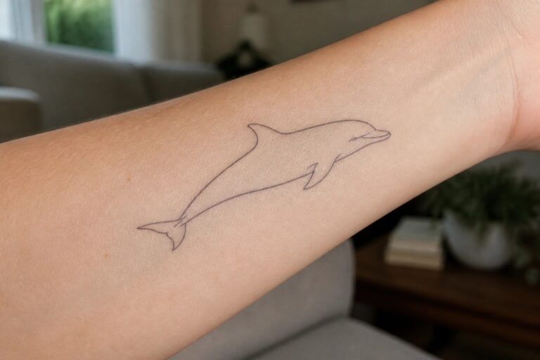 24 Lovely Ocean Animal Tattoos Featuring Sea Creatures and Marine Life Minimalist black line dolphin tattoo on light-skinned forearm with white knit sleeve.