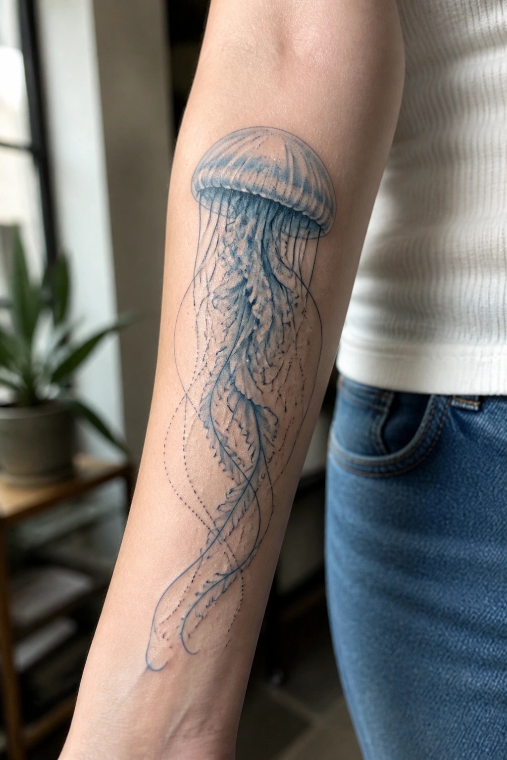 A fine line jellyfish tattoo on the forearm with a shaded bell and trailing tentacles in blue ink