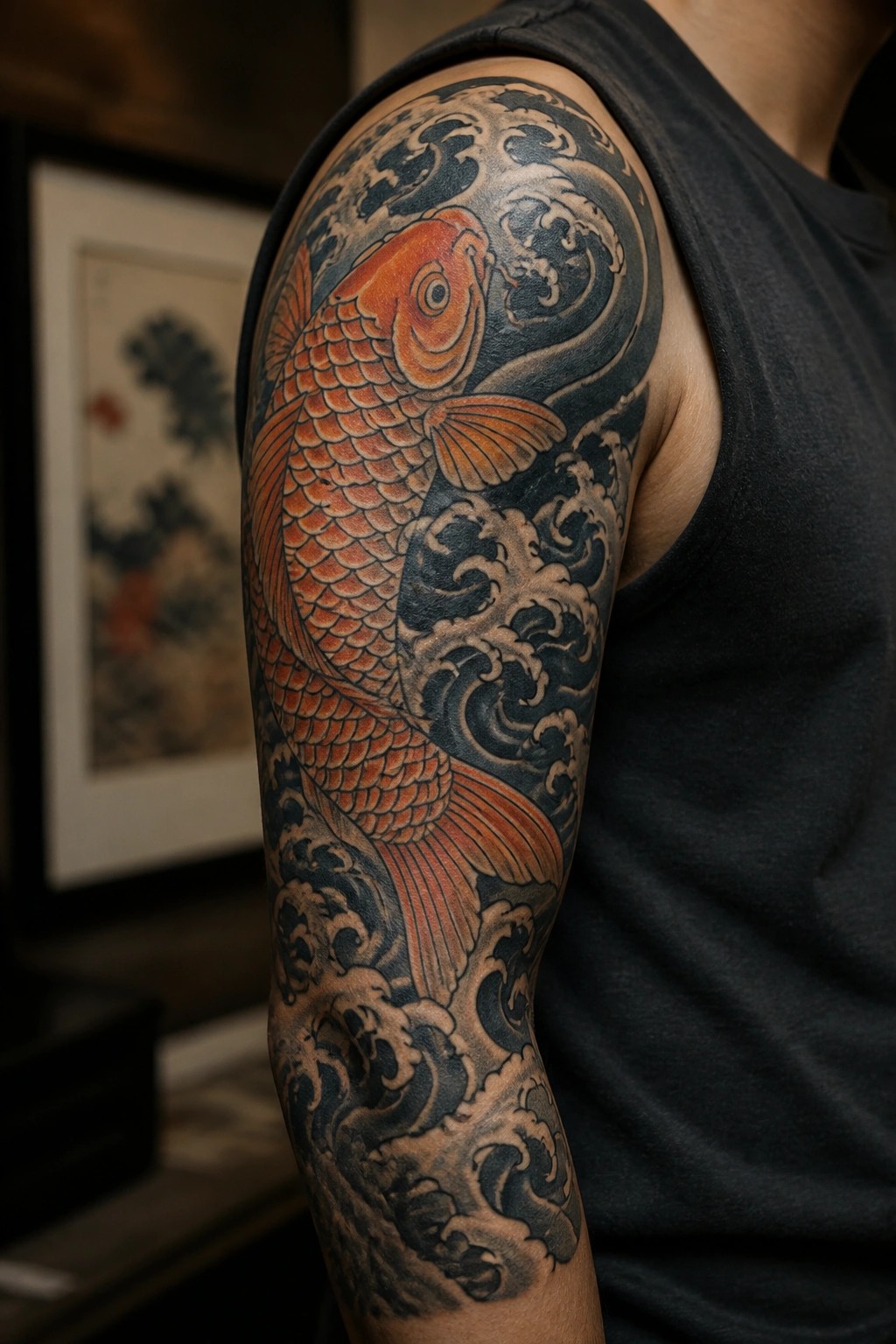 Man's shoulder with vibrant orange koi fish and wave tattoo in black tank top