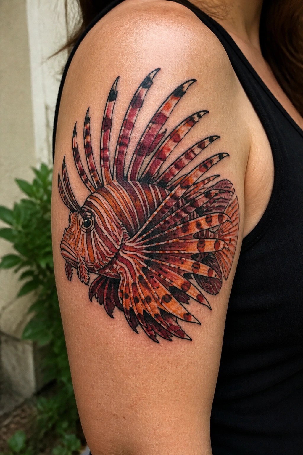 Colorful striped lionfish tattoo on shoulder of person wearing black tank top