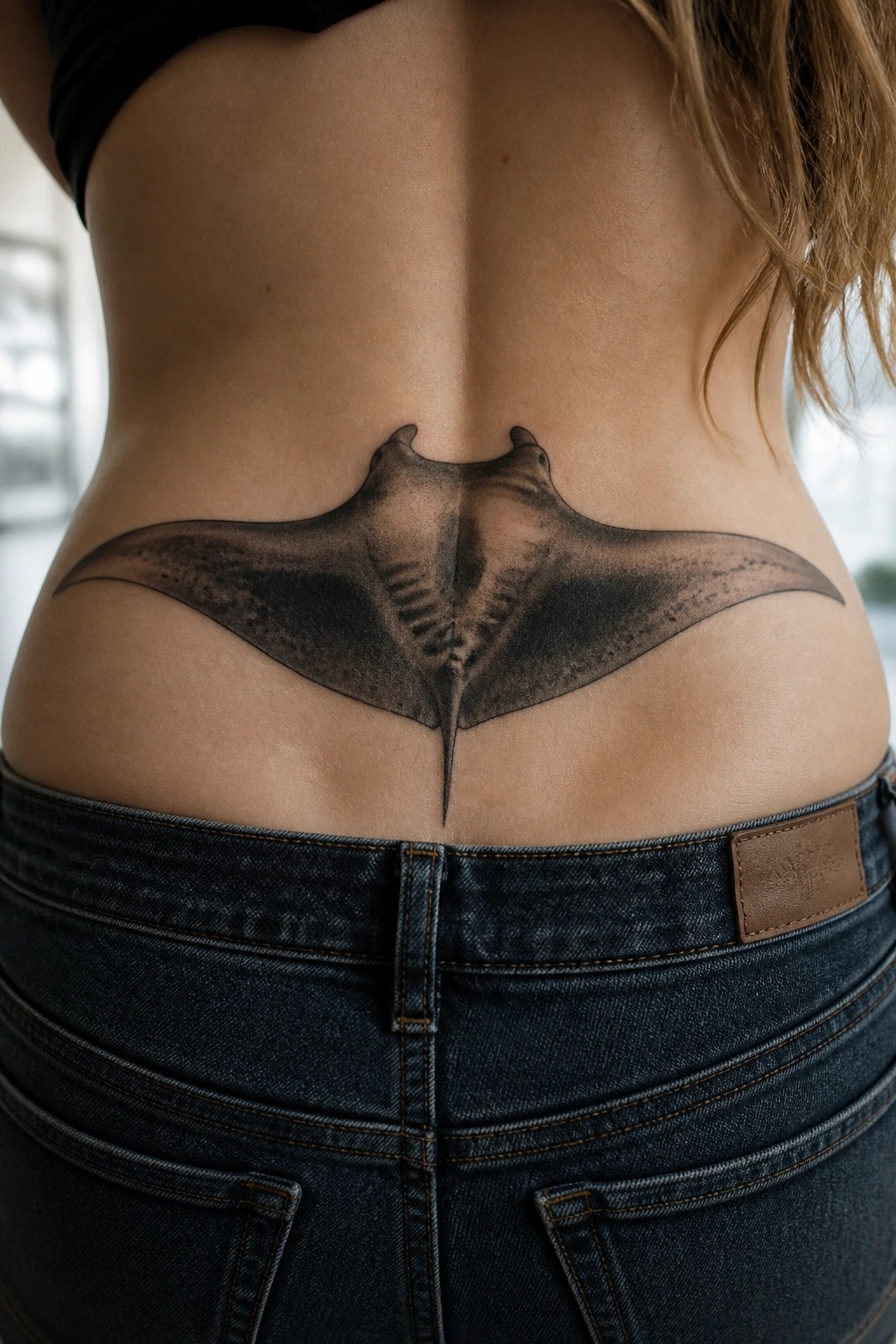 Detailed manta ray tattoo across lower back above blue denim jeans