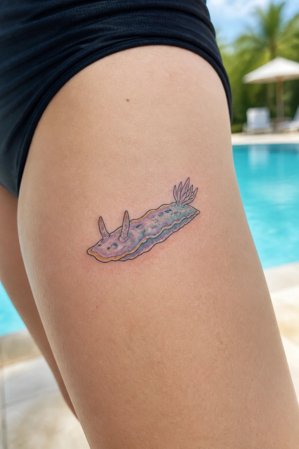 Vibrant purple nudibranch tattoo on thigh beside blue swimming pool