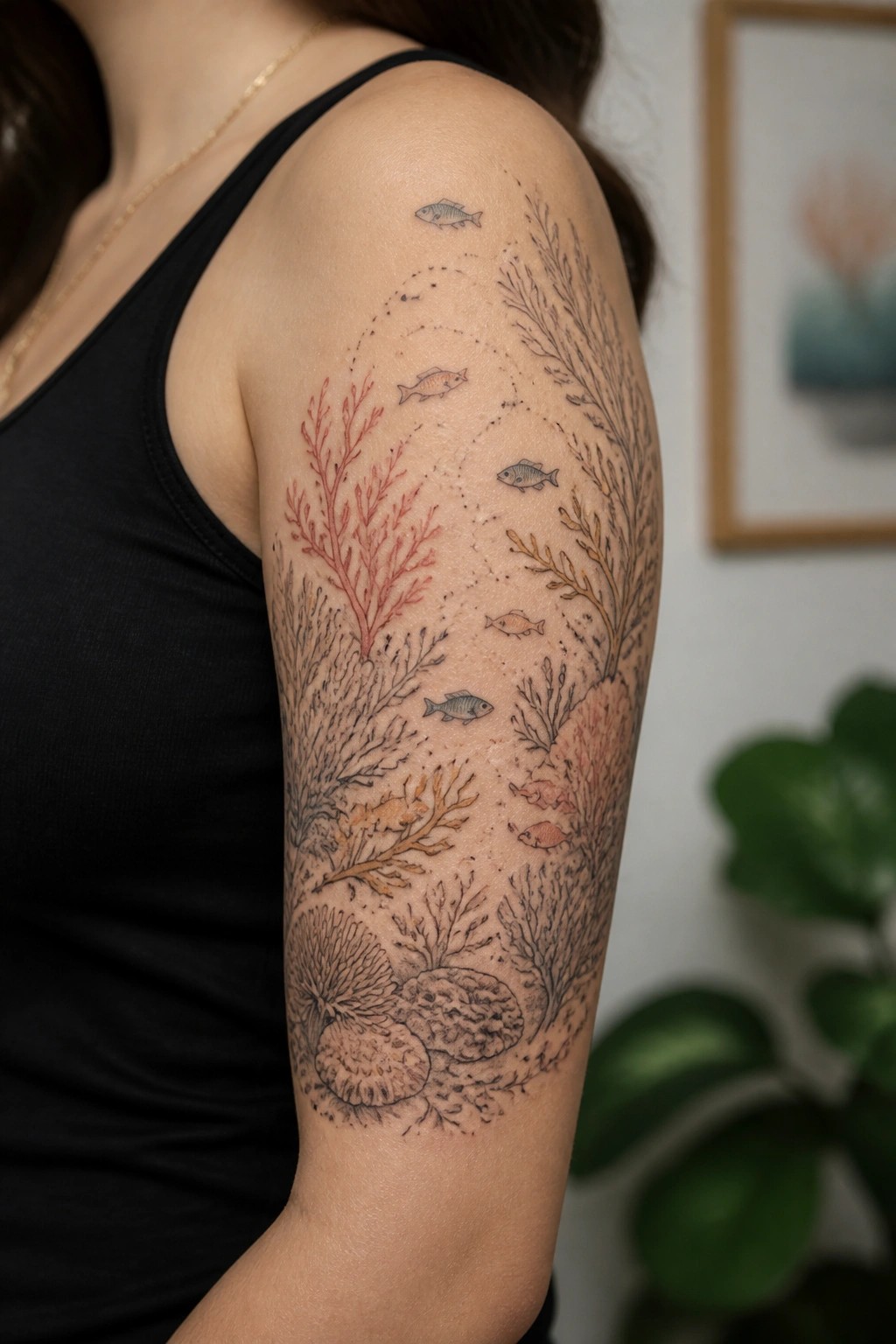 Woman's shoulder in black tank top with colorful coral reef and fish tattoo