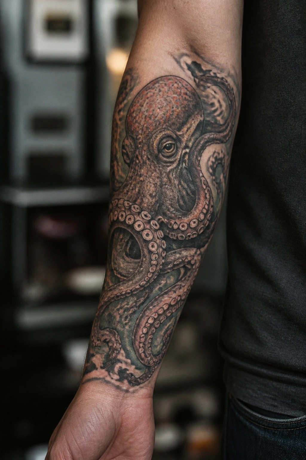 Detailed black-and-red octopus tattoo with tentacles wrapping a person's forearm