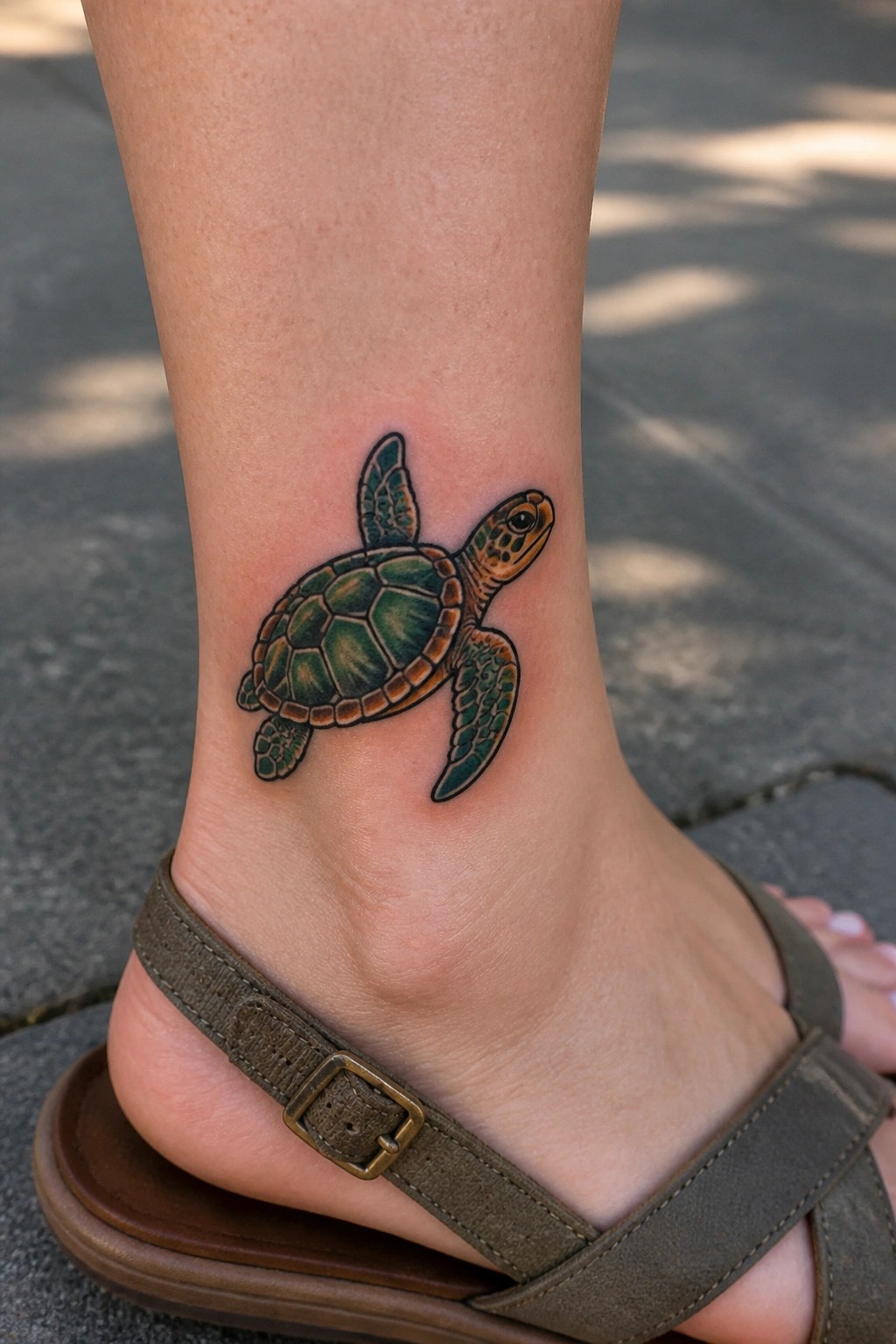 Green and orange sea turtle tattoo on ankle above brown sandal strap