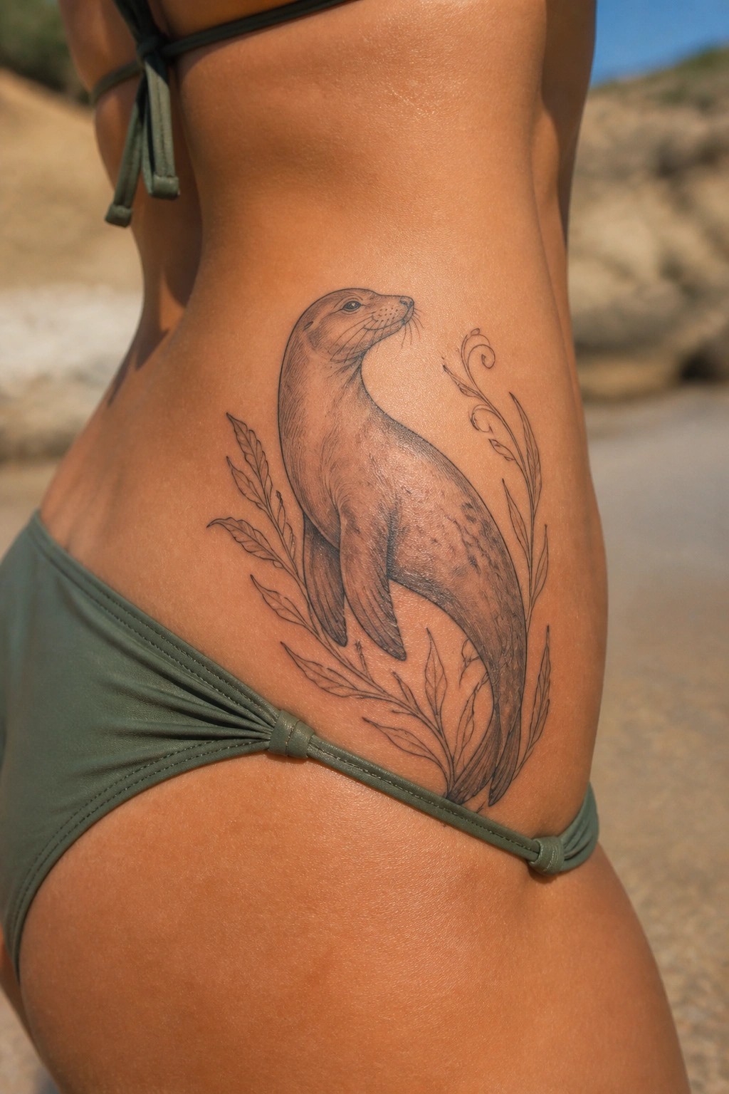 Fine line seal tattoo with leaves on the side torso above the hip