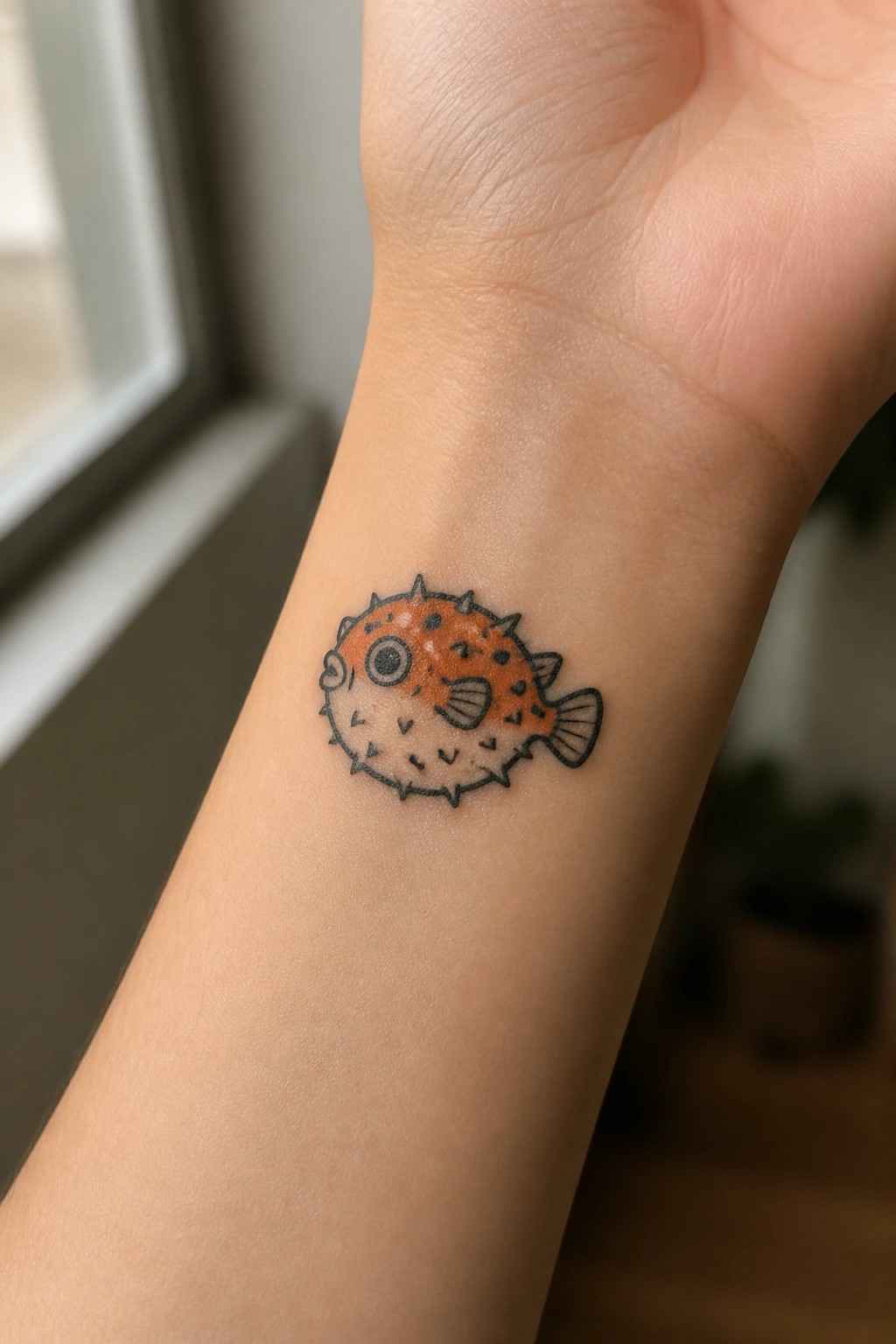 Small orange pufferfish tattoo with black outlines on the inner wrist