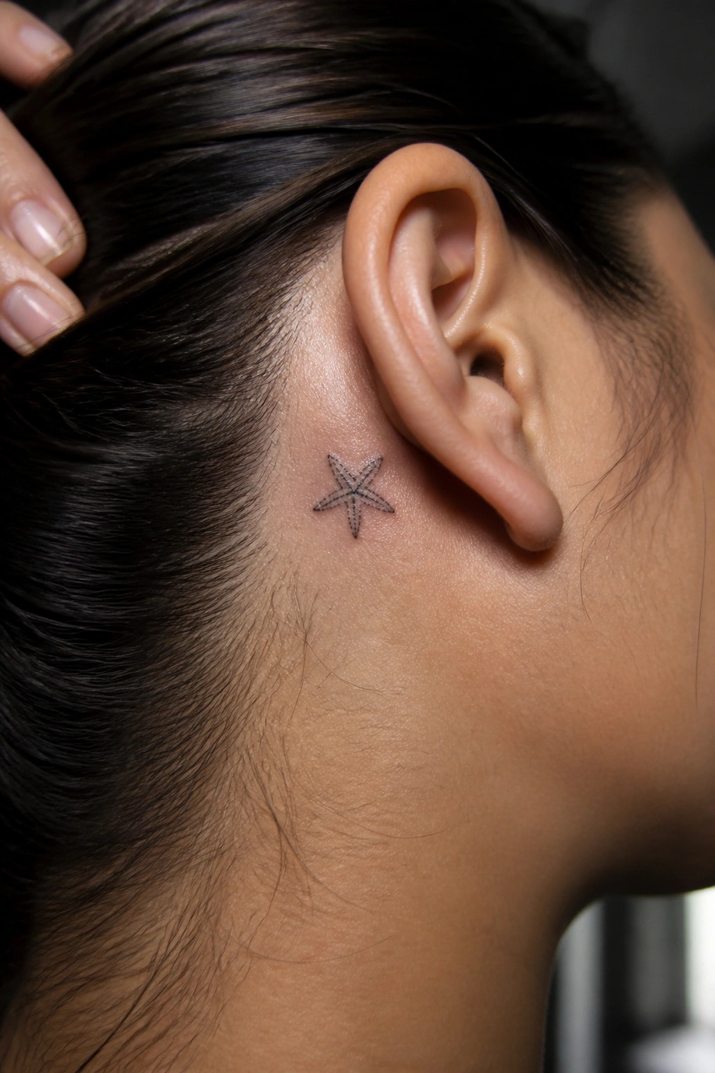 Small black starfish tattoo behind ear on dark-haired person with manicured nails