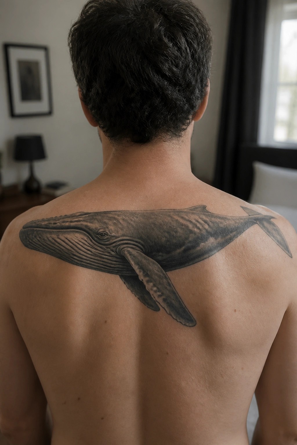 Realistic black and gray humpback whale tattoo spanning the upper back of a person.