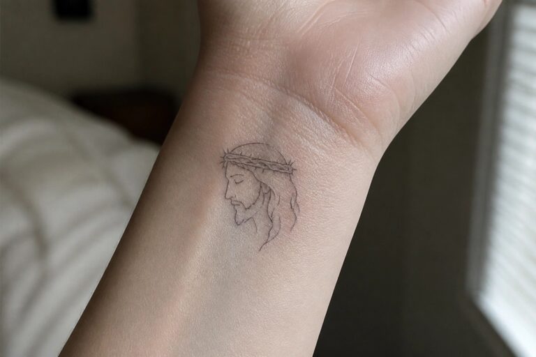 25 Powerful Jesus Tattoos Featuring Outline Art, the Lamb, and Shepherd Imagery Small black outline tattoo of Jesus in profile with crown of thorns on the inner wrist