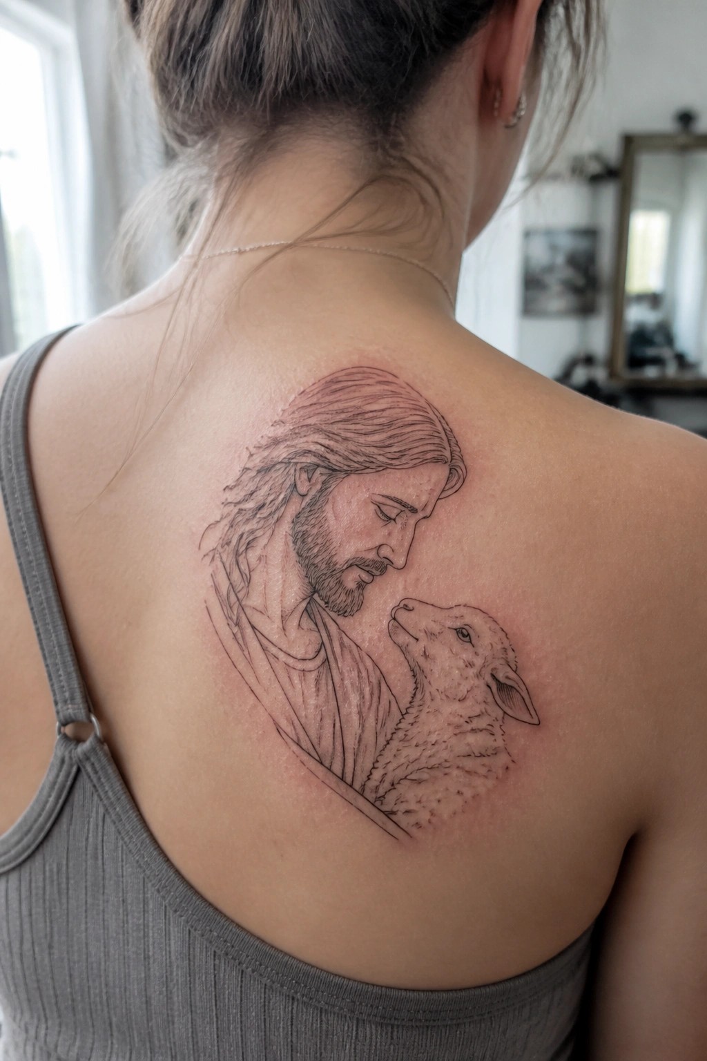 Outline tattoo of Jesus looking at a lamb on a woman's upper back