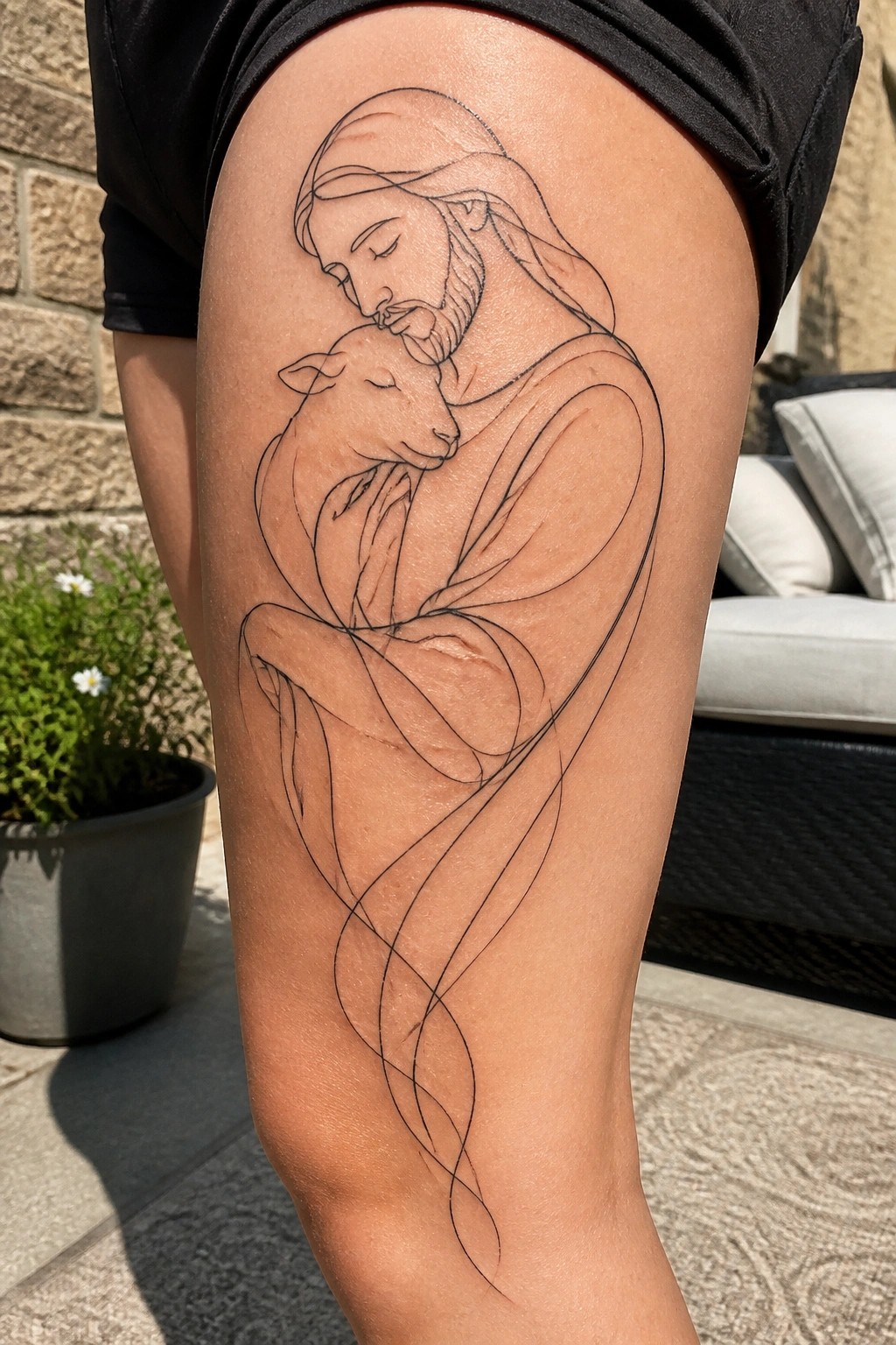 Minimalist black line tattoo of Jesus holding a lamb on thigh outdoors