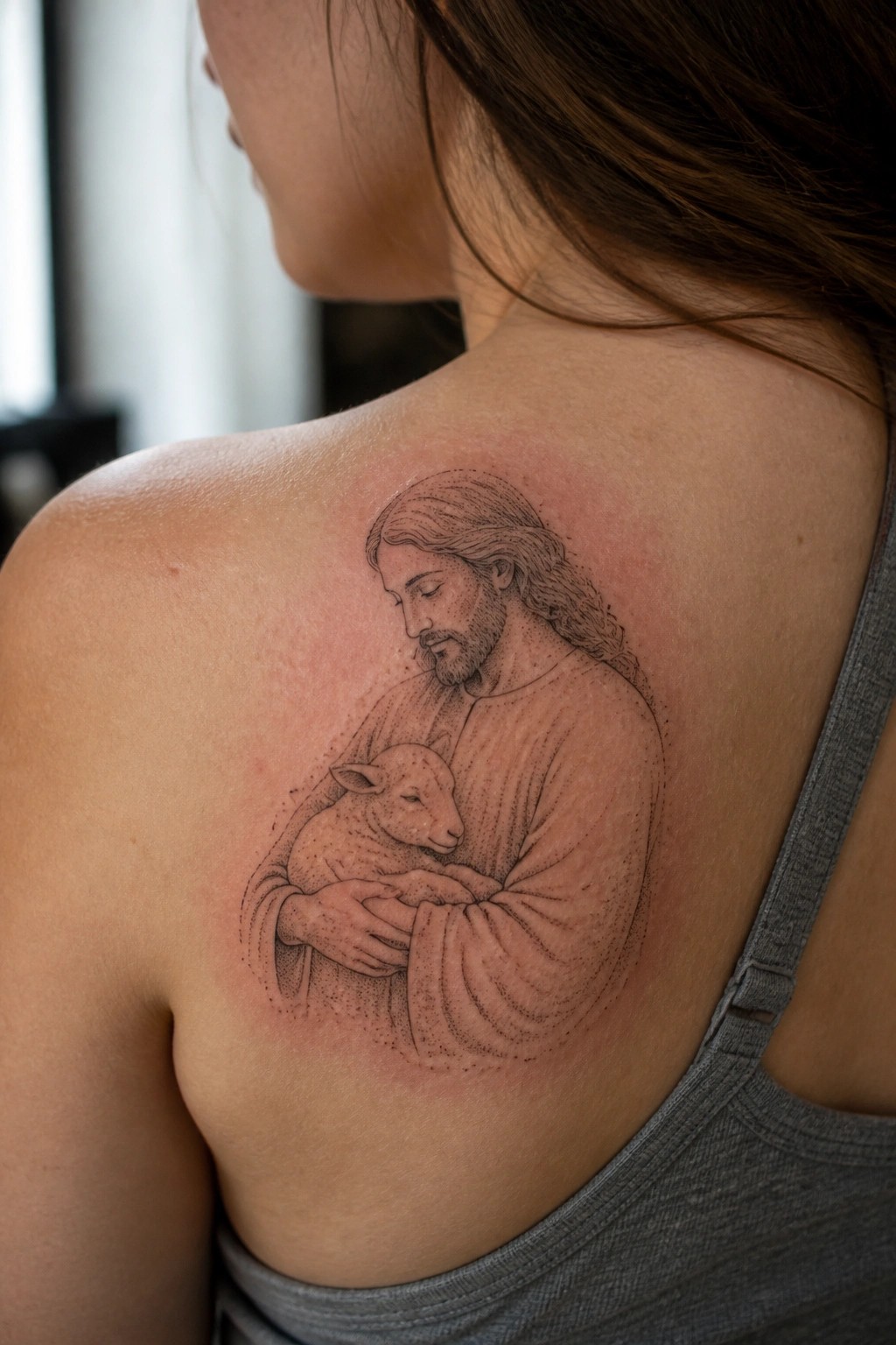Black and grey tattoo of Jesus holding a lamb on reddened shoulder skin