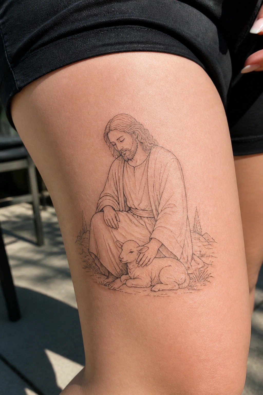 Fine-line black tattoo of Jesus seated with hand on resting lamb.