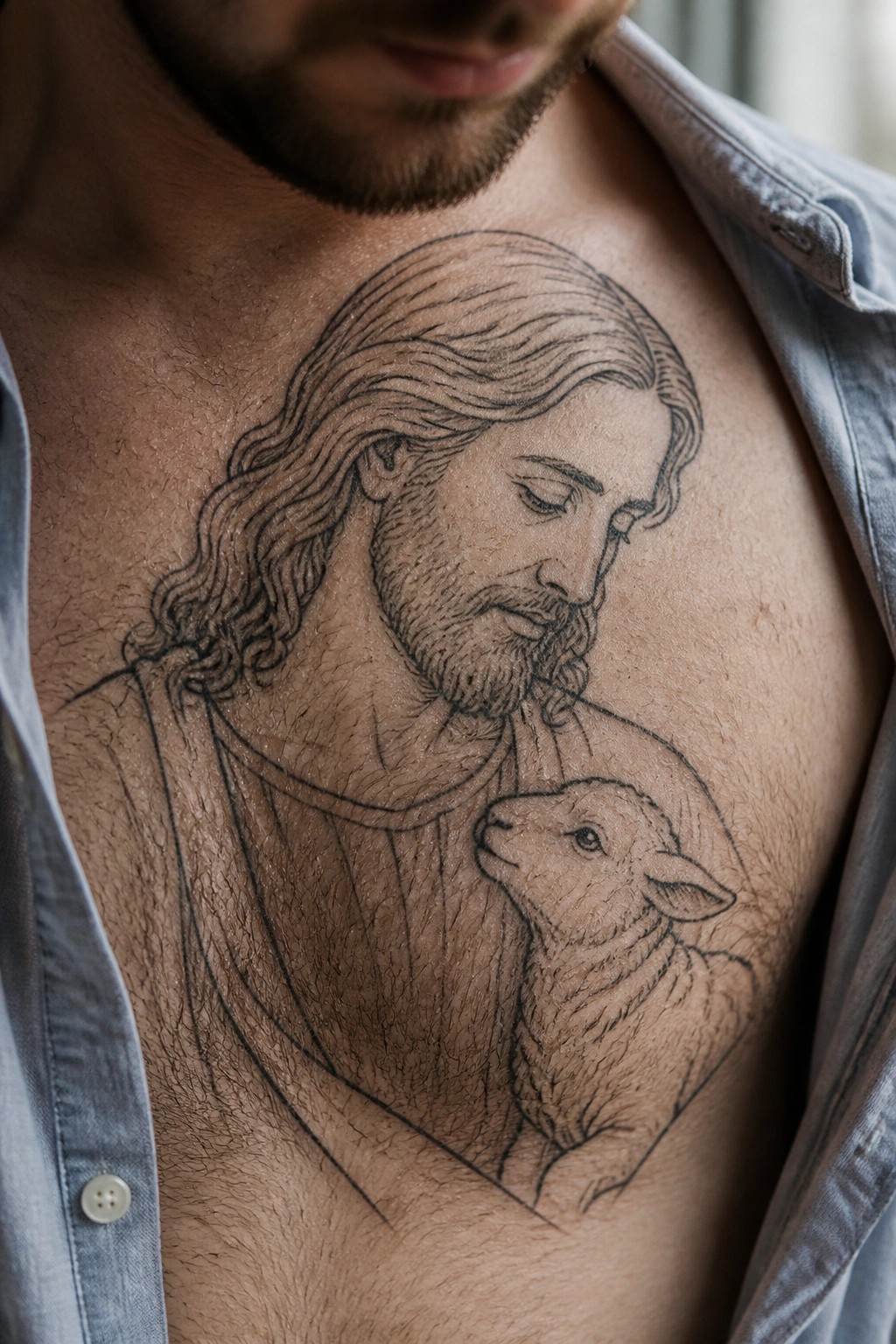 Man's chest with black line tattoo of Jesus holding lamb, open light blue shirt.