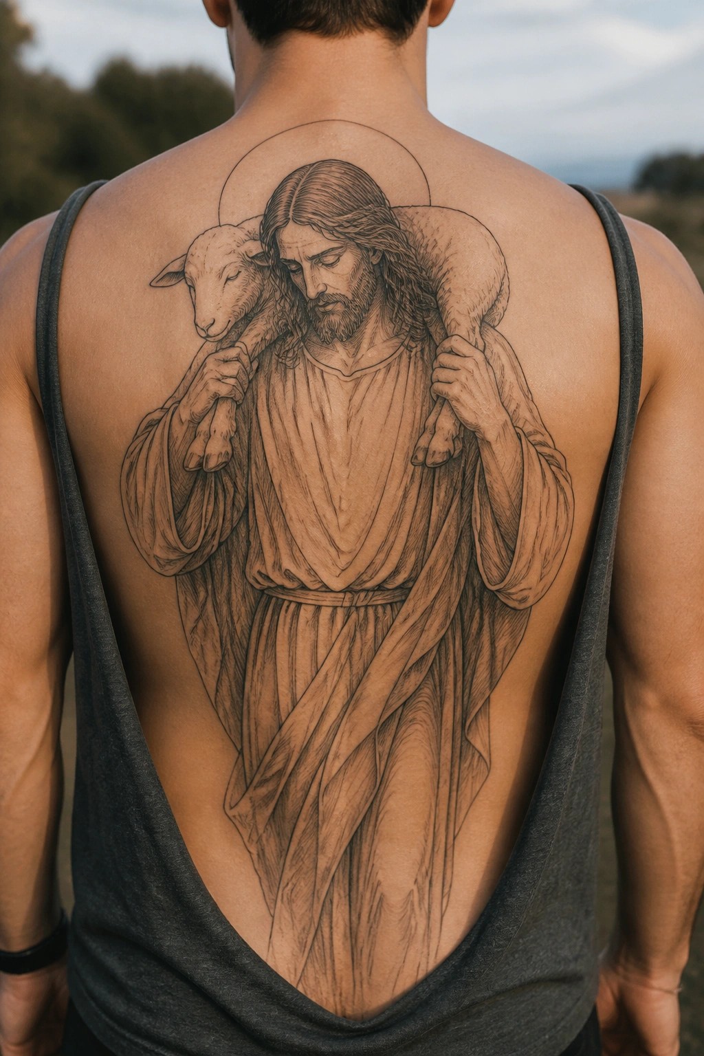 Outline tattoo of Jesus carrying a lamb across a man's upper back with a halo above his head