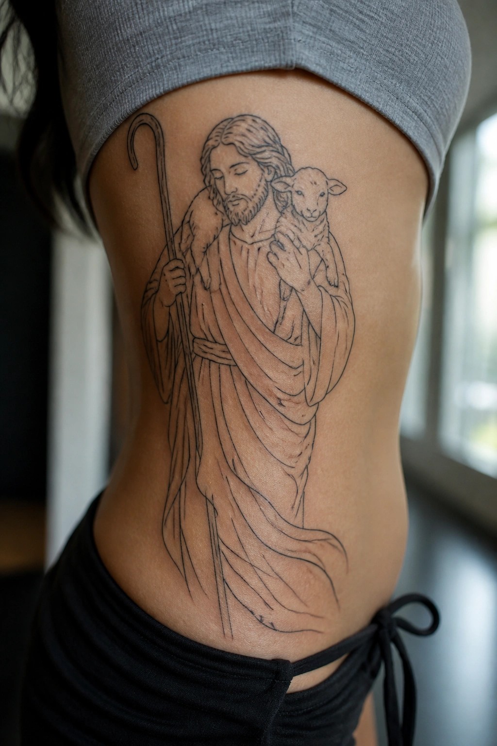 Tattoo of Jesus holding a lamb and staff on person's side under gray shirt