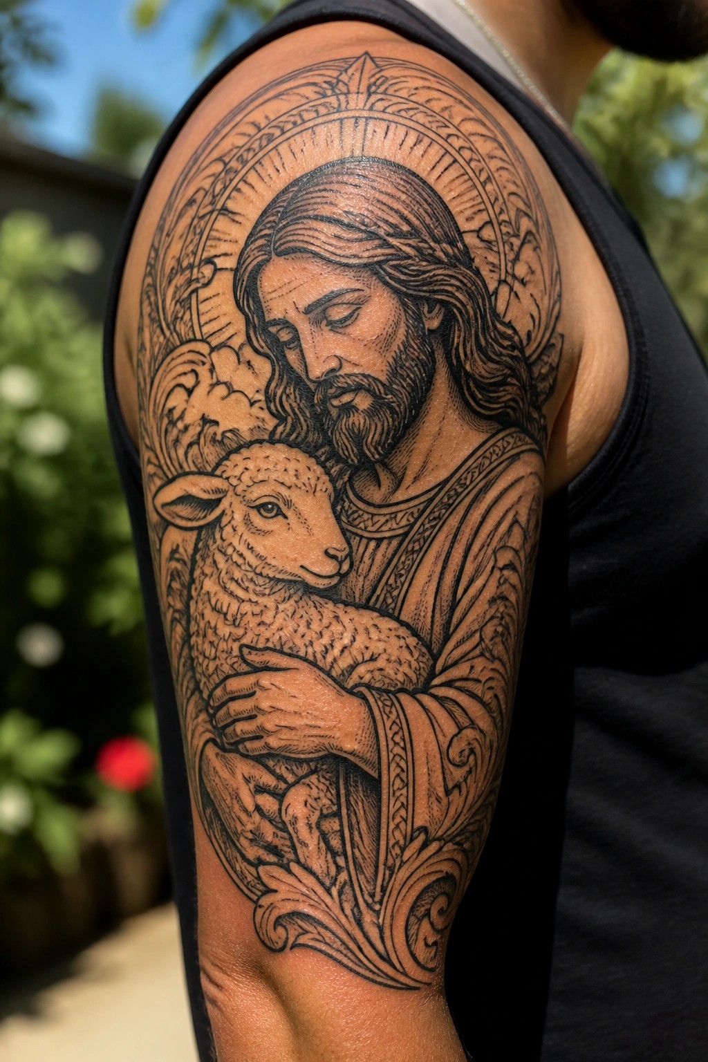 Intricate black-and-gray tattoo of Jesus holding a lamb on shoulder