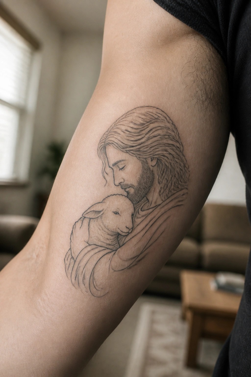 Black ink tattoo of Jesus holding a lamb on upper arm with black shirt.