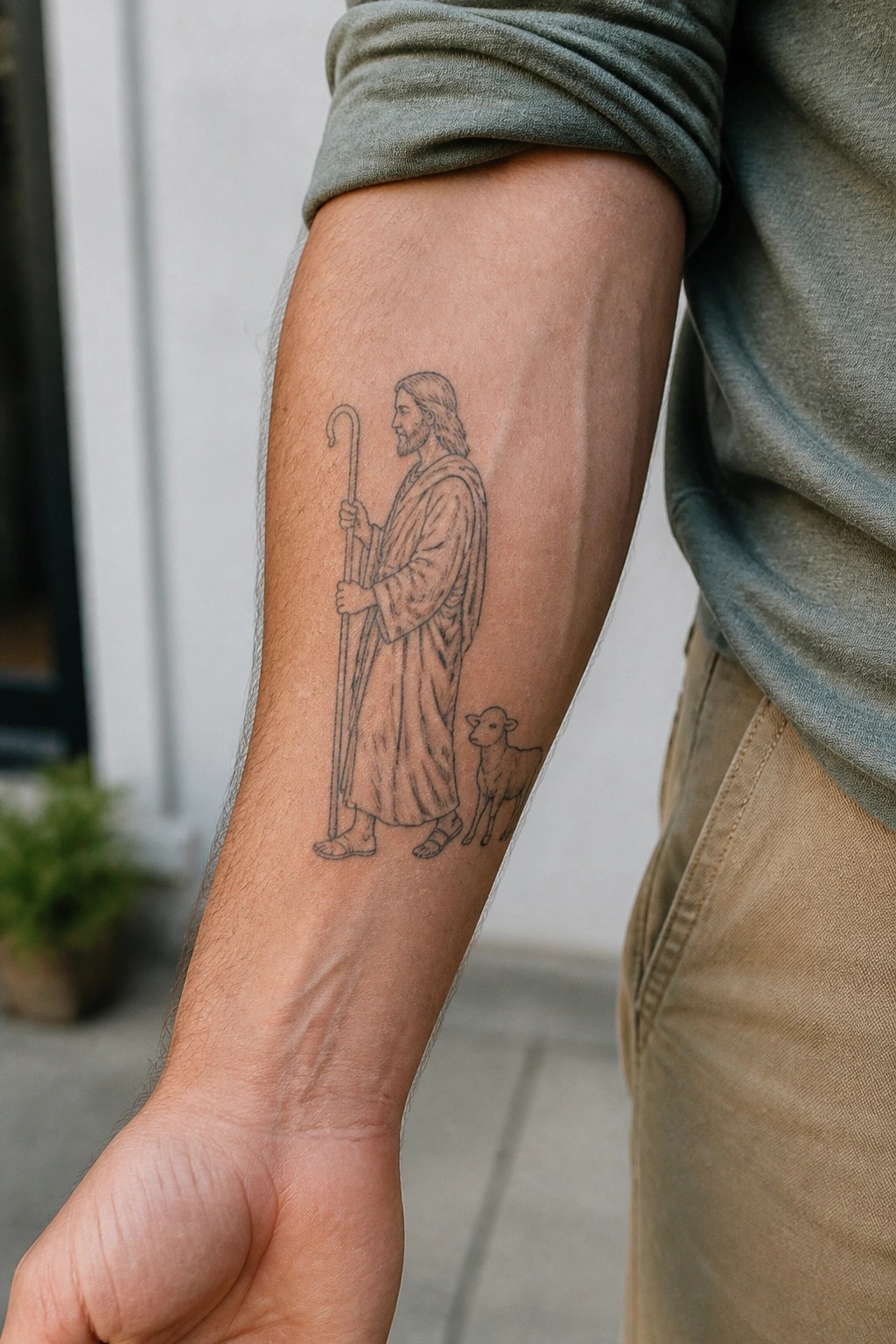 Jesus tattoo with staff and lamb on forearm in rolled green sleeve