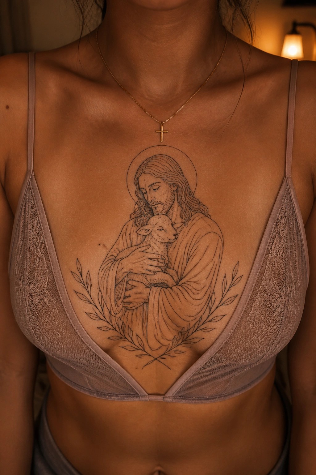 Fine line outline tattoo of Jesus holding a lamb on the chest with a halo and branches below it