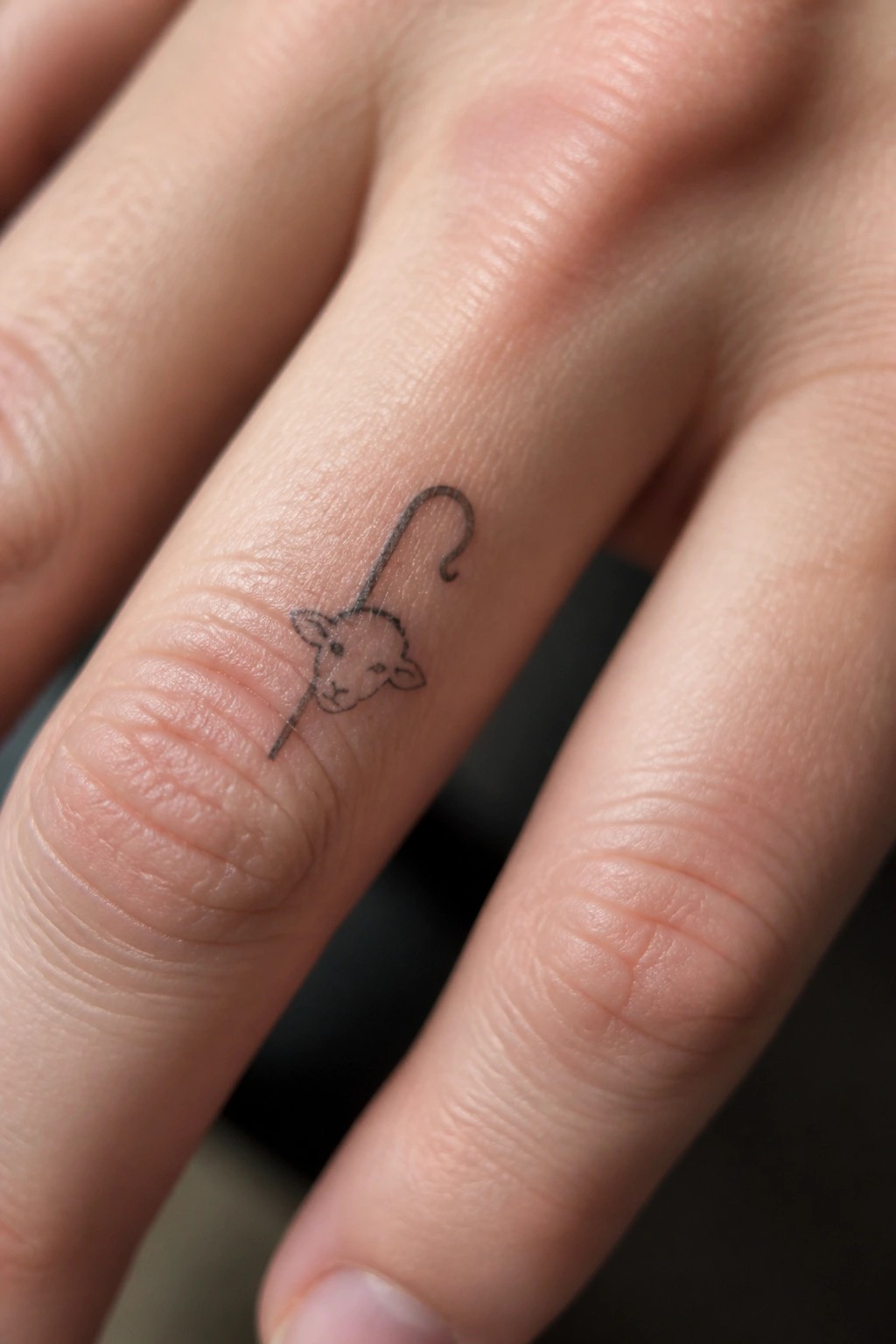 Tiny black line tattoo of lamb head with curved hook on finger