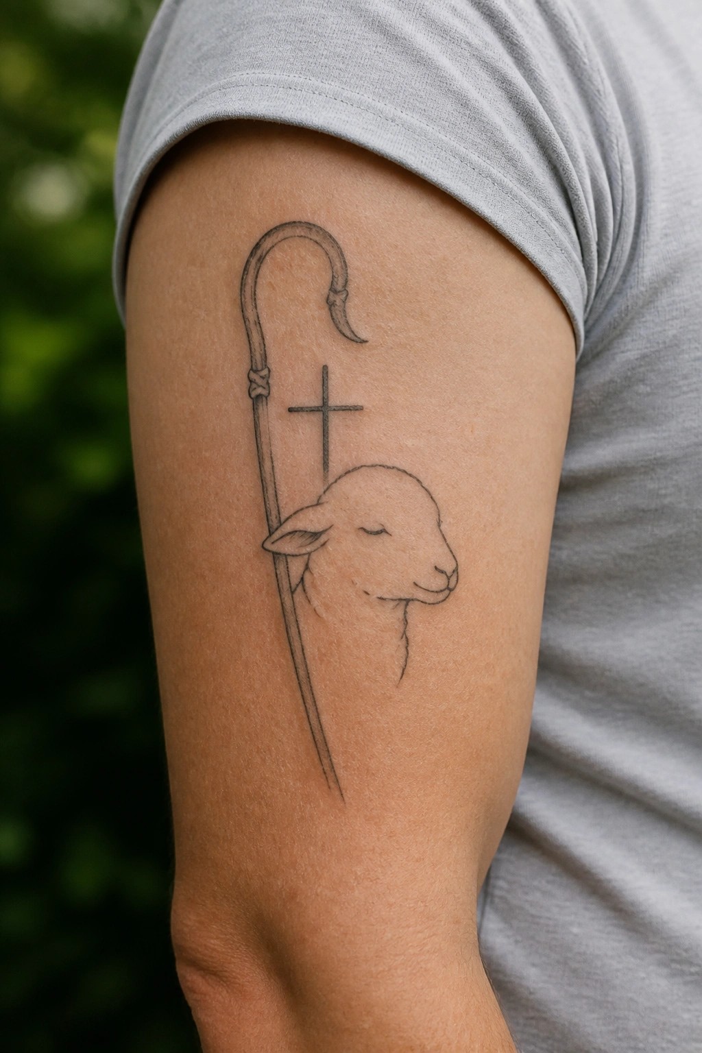 Lamb head tattoo with shepherd's crook and cross on arm under gray t-shirt