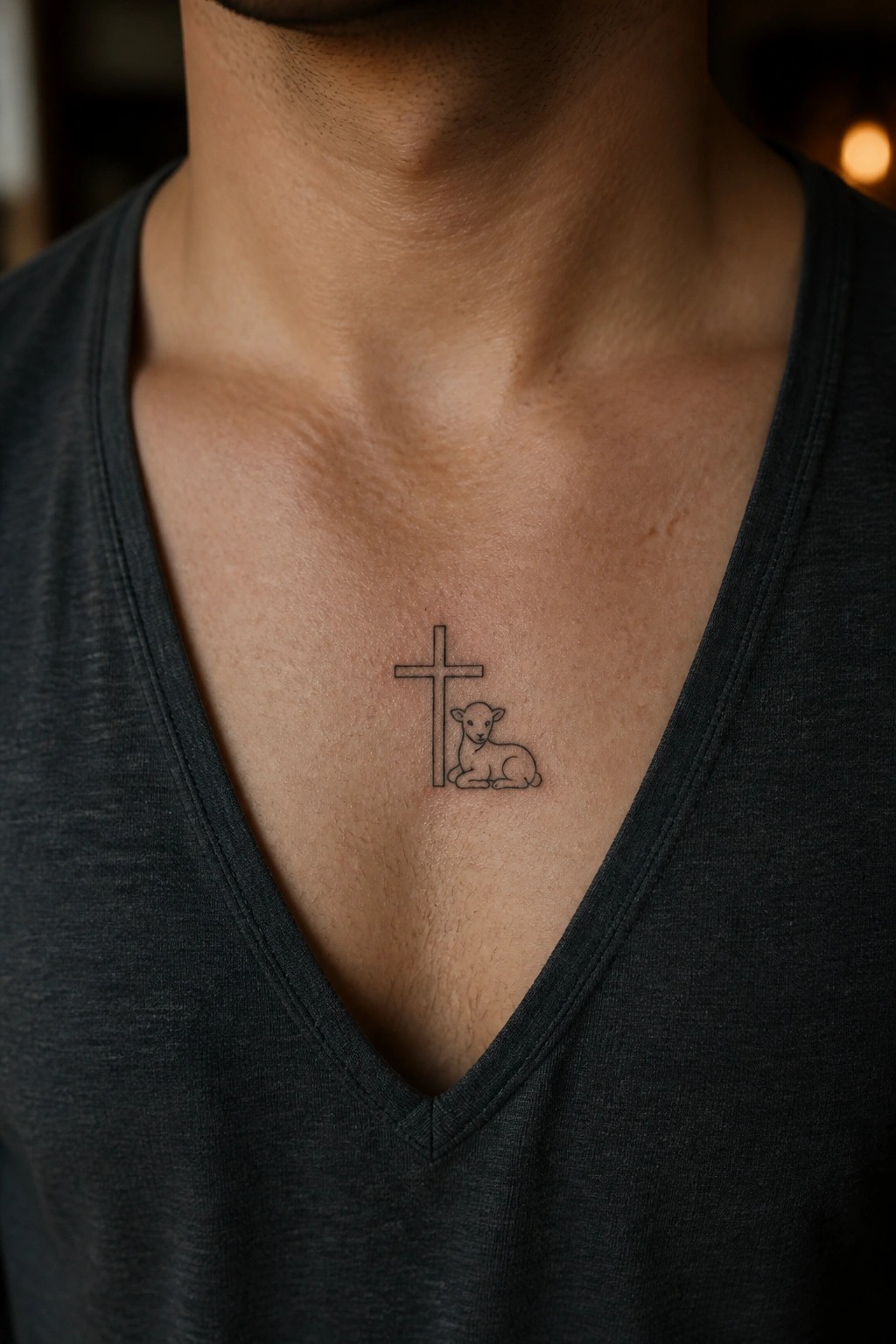 Man's chest in dark V-neck shirt with cross and lamb tattoo